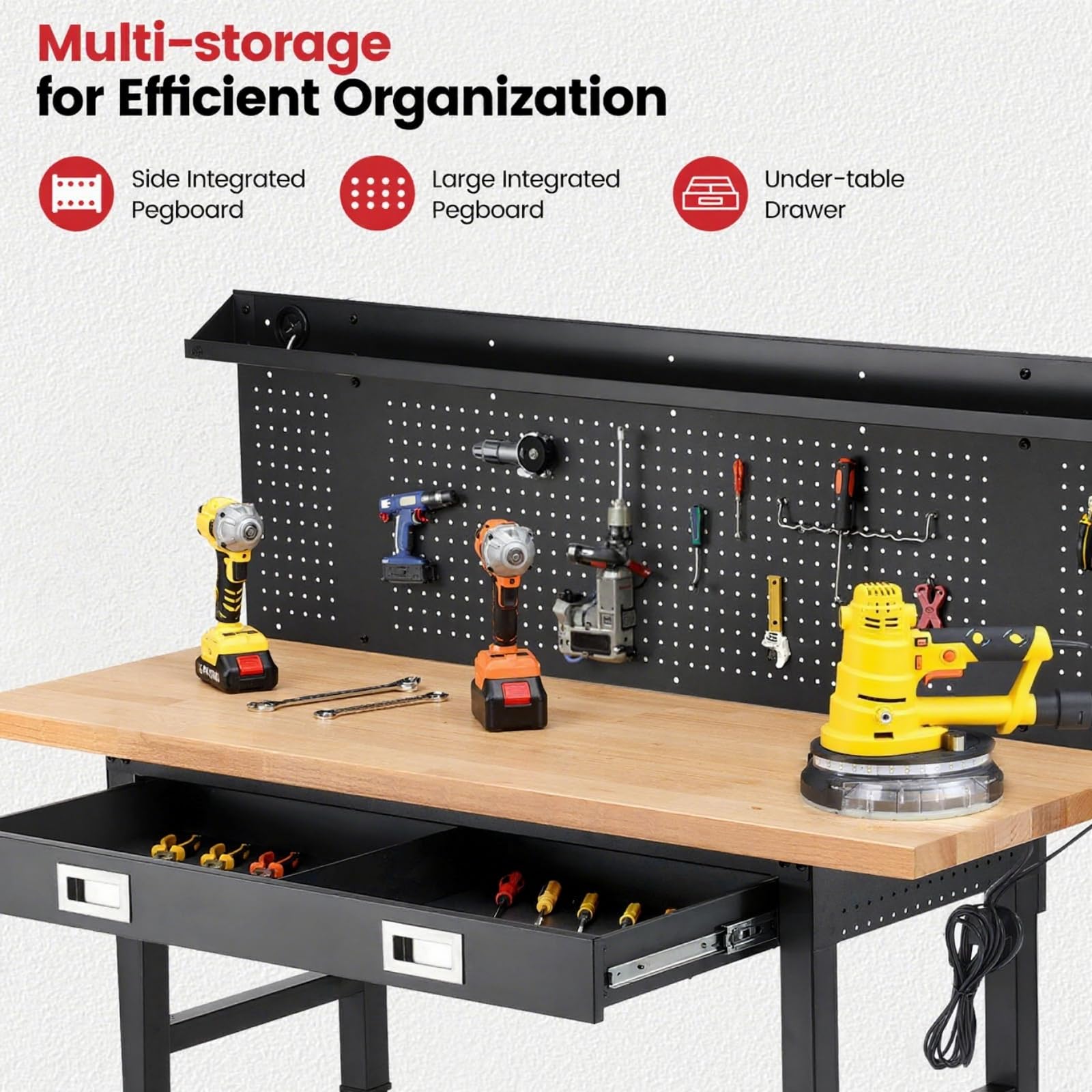 ENJOYWOOD Work Bench with Wheels 60 x 22 Inch Heavy Duty Rubberwood Tabletop Work Table Adjustable Height Garage Workbench with LED, Drawers, Pegboard, Power Outlets for Woodworking Shop, Home, Office