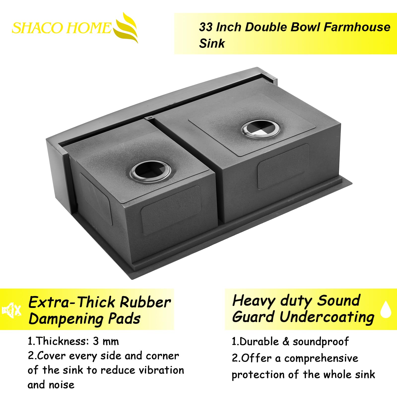 SHACO Double Bowl 60/40 Black Farmhouse Sink, 33x22 Inch Stainless Steel Apron Front Divided Double Basin Farmhouse Kitchen Sink, Gunmetal Black Farm Workstation Sink