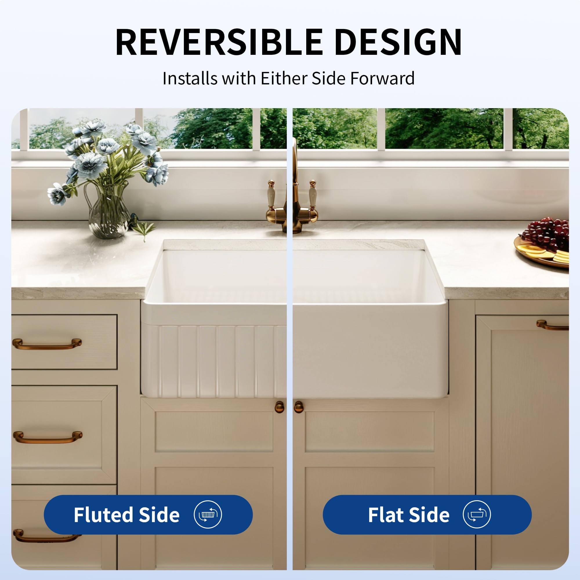DeerValley White Farmhouse Sink 33 inch, Fireclay Apron Front Farm Kitchen Sink, Single Bowl Deep Drop-in Undermount Reversible Sinks with Grid & Strainer