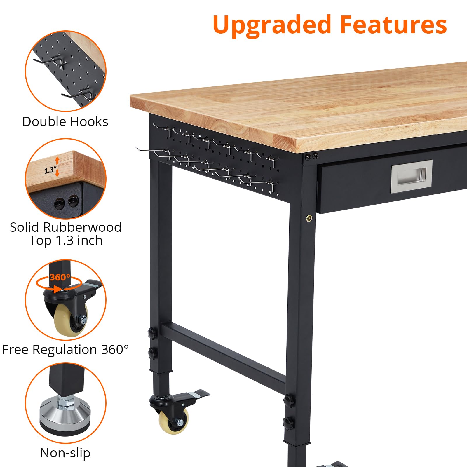 ACONEE Adjustable Height Workbench, 48" Heavy Duty 2000 LB Load Capacity, Solid Rubber Wood Top, Sturdy Metal Frame, Workstation with Drawer & 4 Rolling Casters, Power Outlets for Garage Workshop
