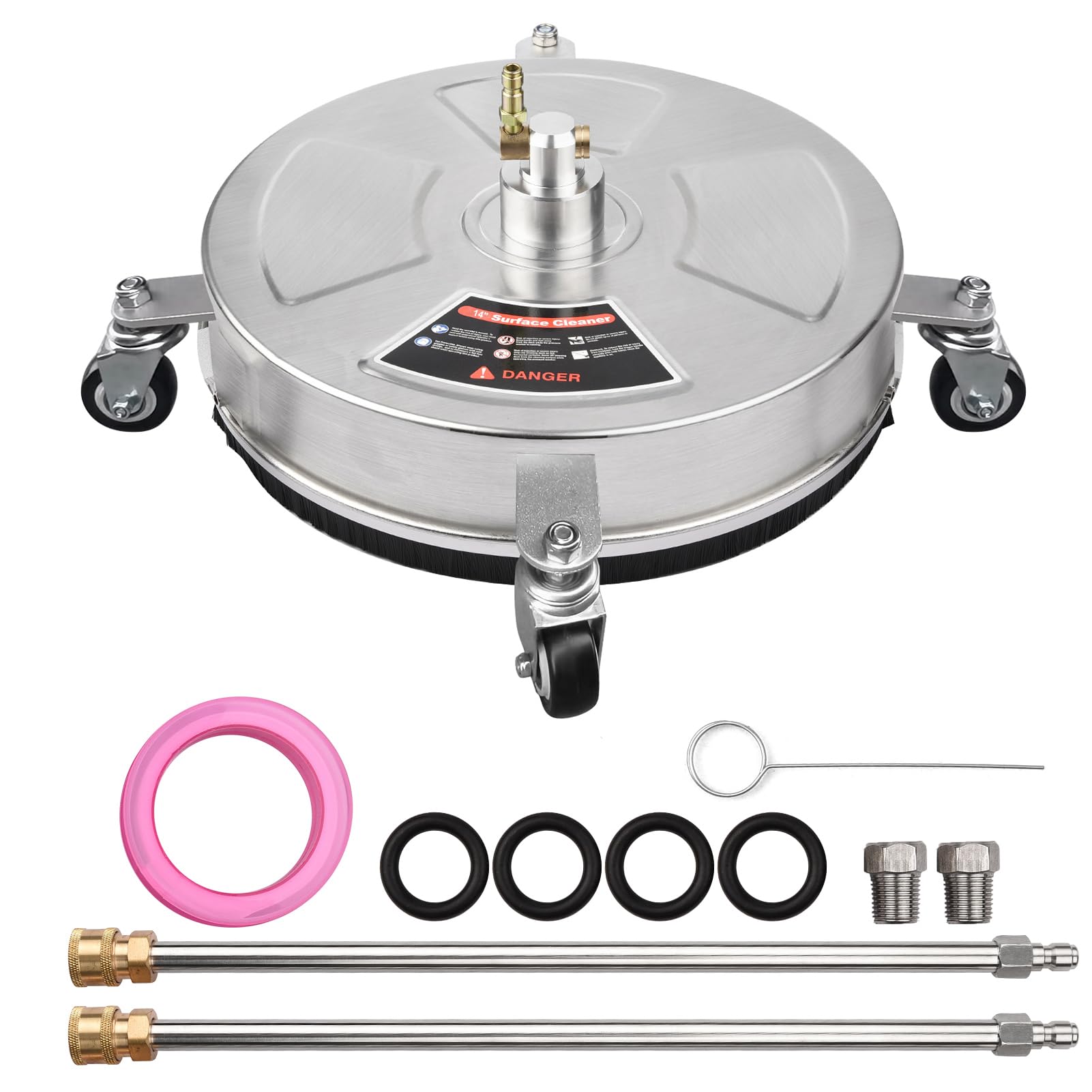 TRELVEX 14 Inches Pressure Washer Surface Cleaner Stainless Steel Housing Power Washer Accessory with 4 Wheels 1/4 Inch Quick Connector 2 ExWand Attachments 4000 PSI for Cleaning Driveways Sid