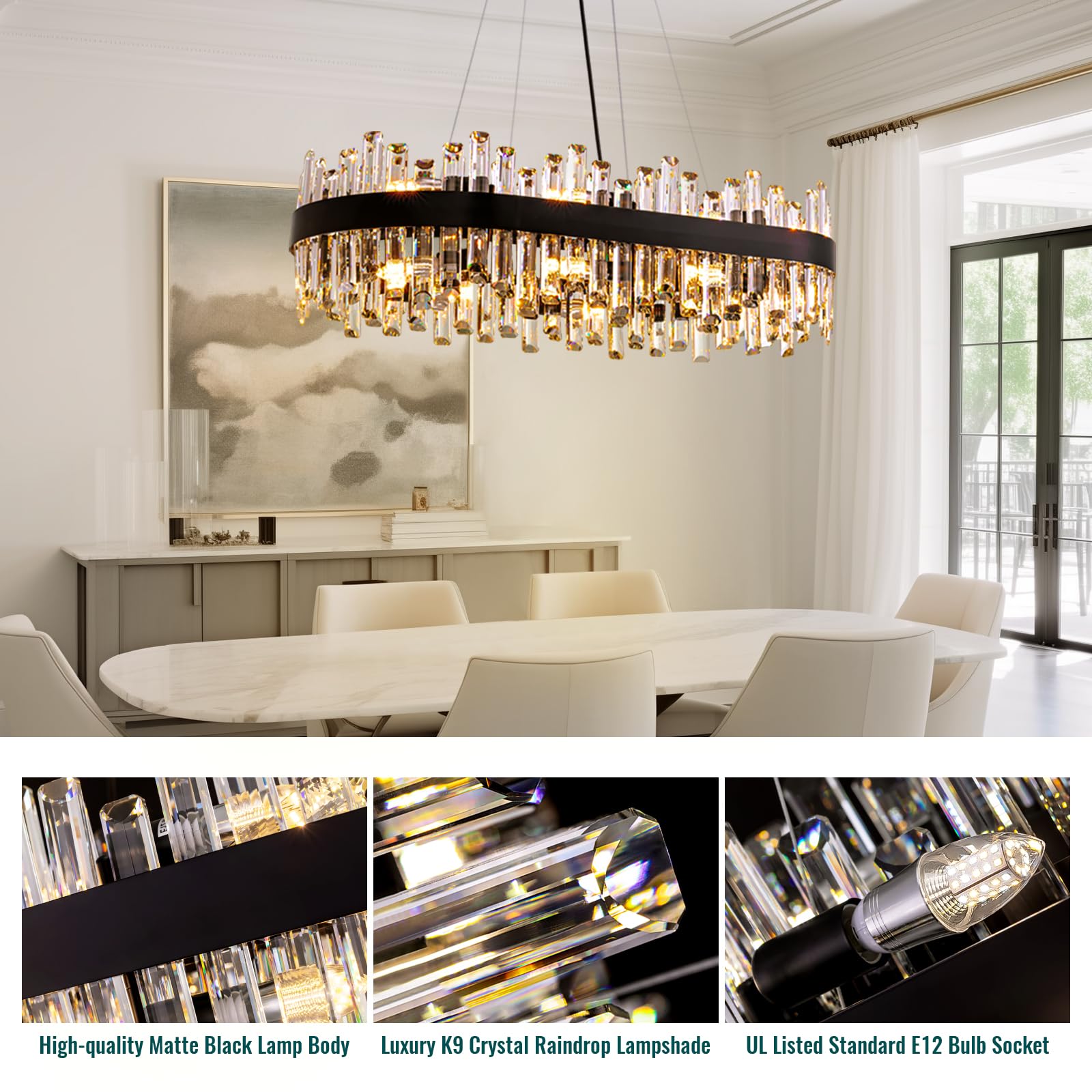 Siljoy Modern Crystal Chandelier, 16-Light Black Rectangular 2-Tiers K9 Crystal Raindrop Chandelier, Farmhouse Crystal Ceiling Light Fixture for Living Dining Room Kitchen Island L35.4 Inch