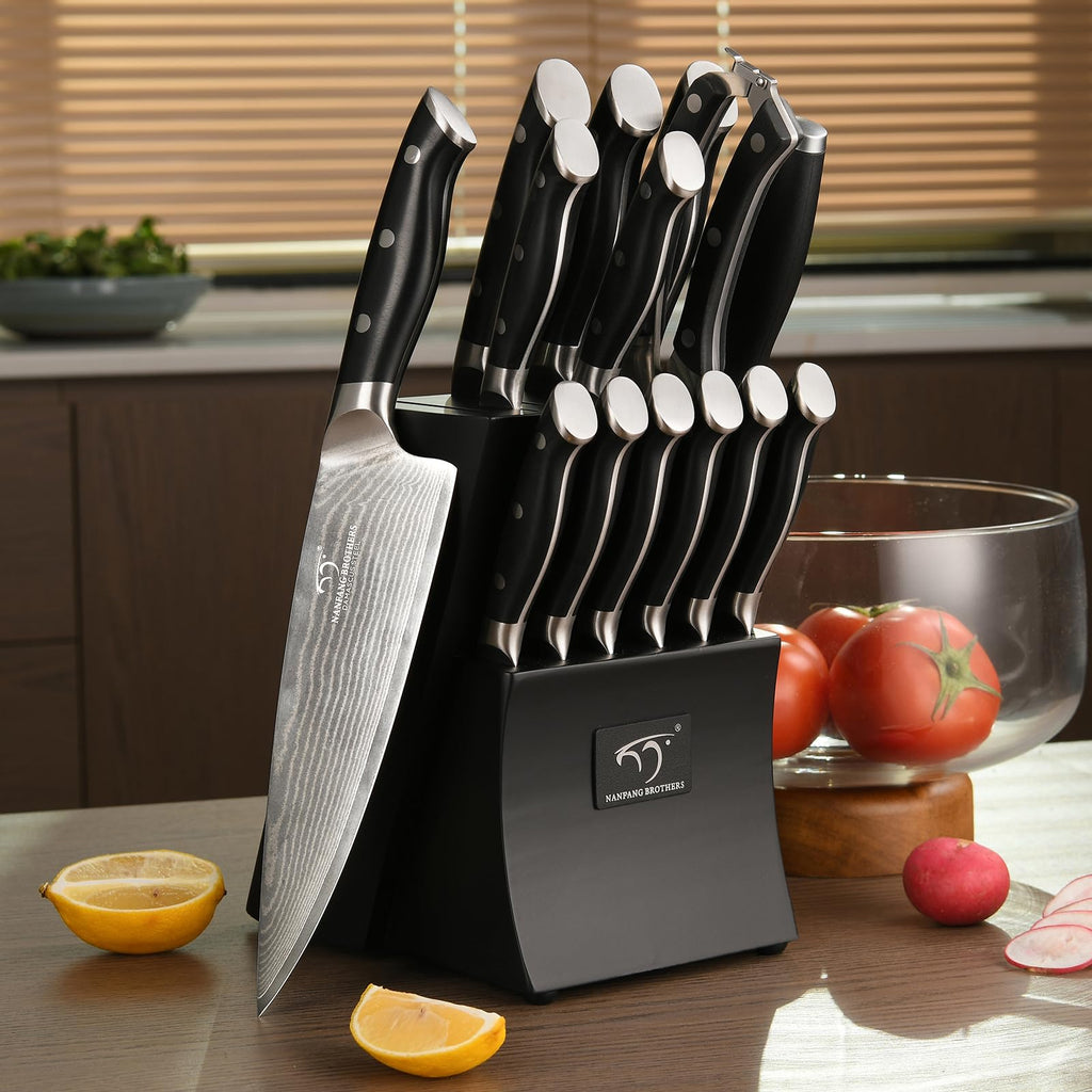 Damascus Kitchen Knife Set, 15-Piece Kitchen Knife Set with Block, ABS Ergonomic Handle for Chef Knife Set and Serrated Steak Knives Knife Sharpener and Kitchen Shears, 14 Slots Wooden Knife Block