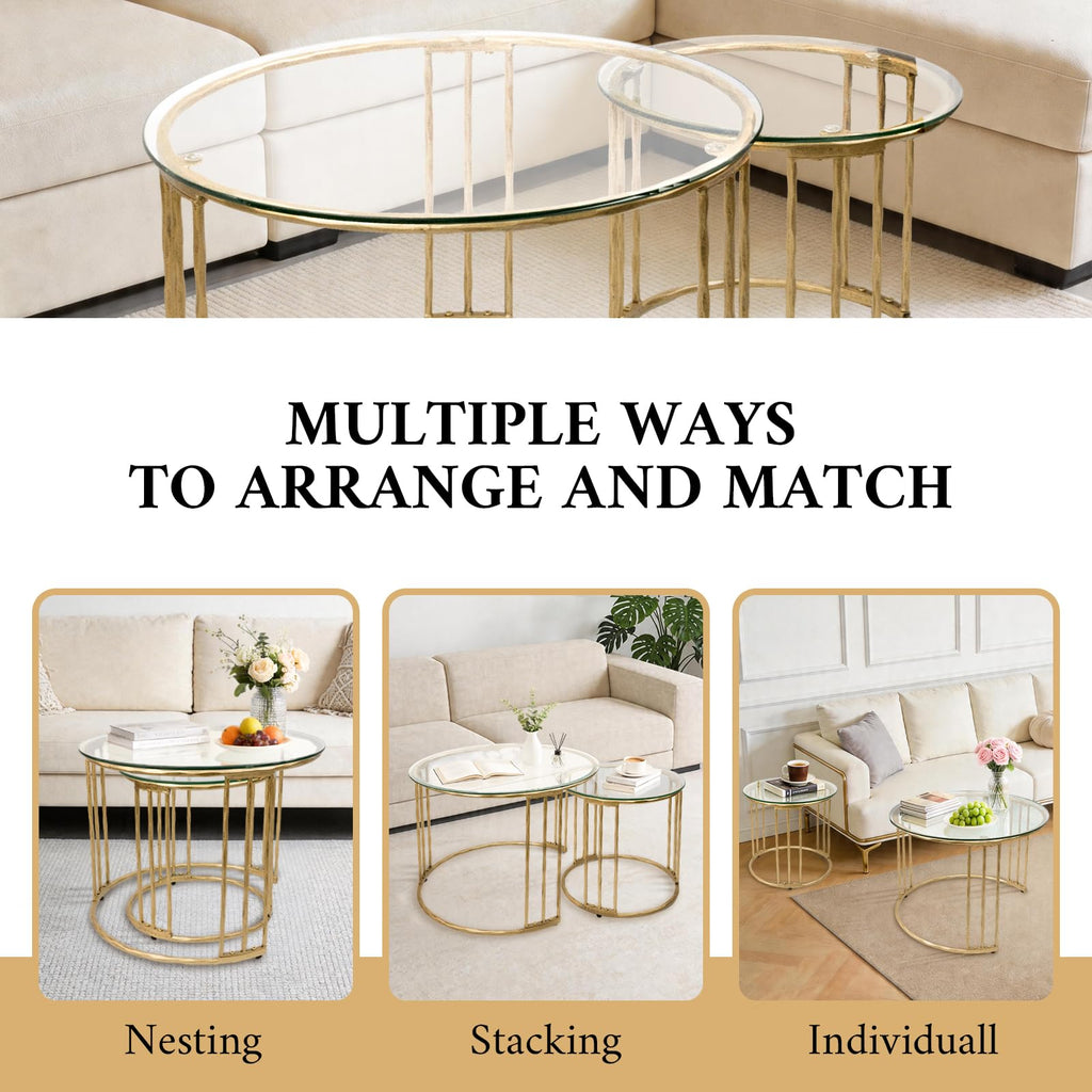 BEGINS Nesting Coffee Table Set of 2, 23.6" Round Coffee Table, Hand Forged Vintage Gold Center Table with Glass Top for Living Room, Bedroom, Balcony