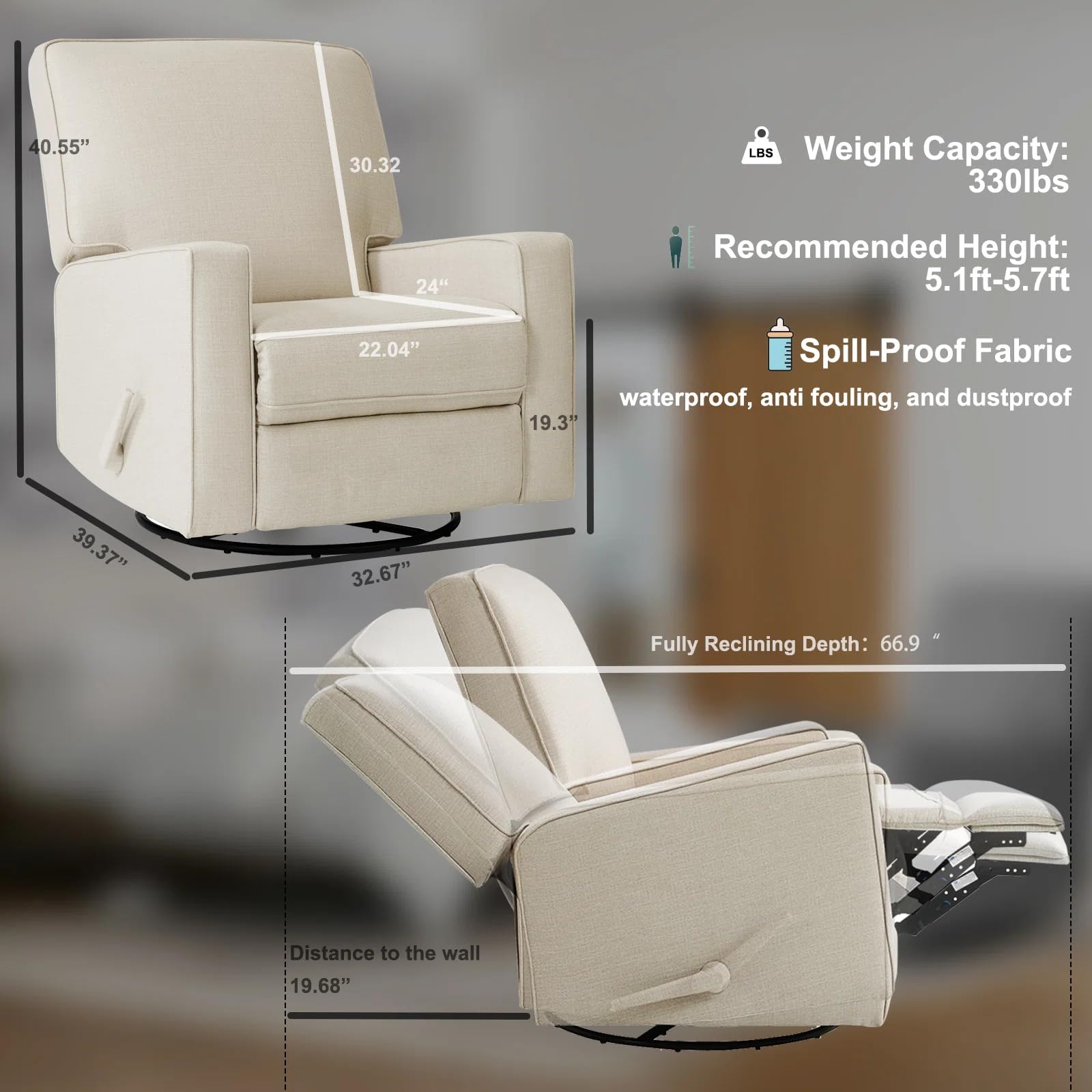 Harkawon Swivel Rocker Recliner Chair, Glider Rocker Recliner, Rocking Chair Nursery, Fabric Chair with High Back, Deep Seat, for Living Room, Bedroom, Beige