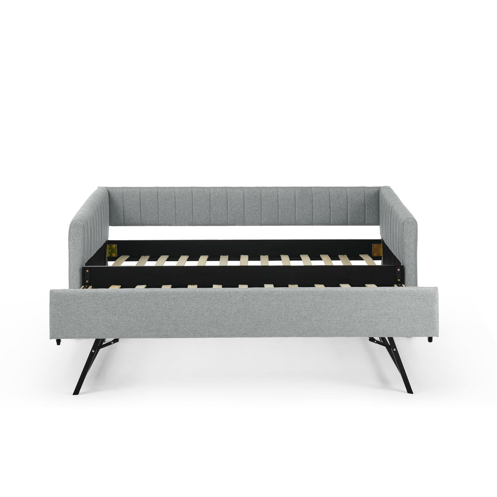 KEIKI Twin Size Upholstery Daybed with Erectable Trundle and Vertical Stripes, Twin to King Design Extendable Linen Sofa Bed, Easy Assembly, No Box Spring Required, for Living Room and Bedroom, Grey