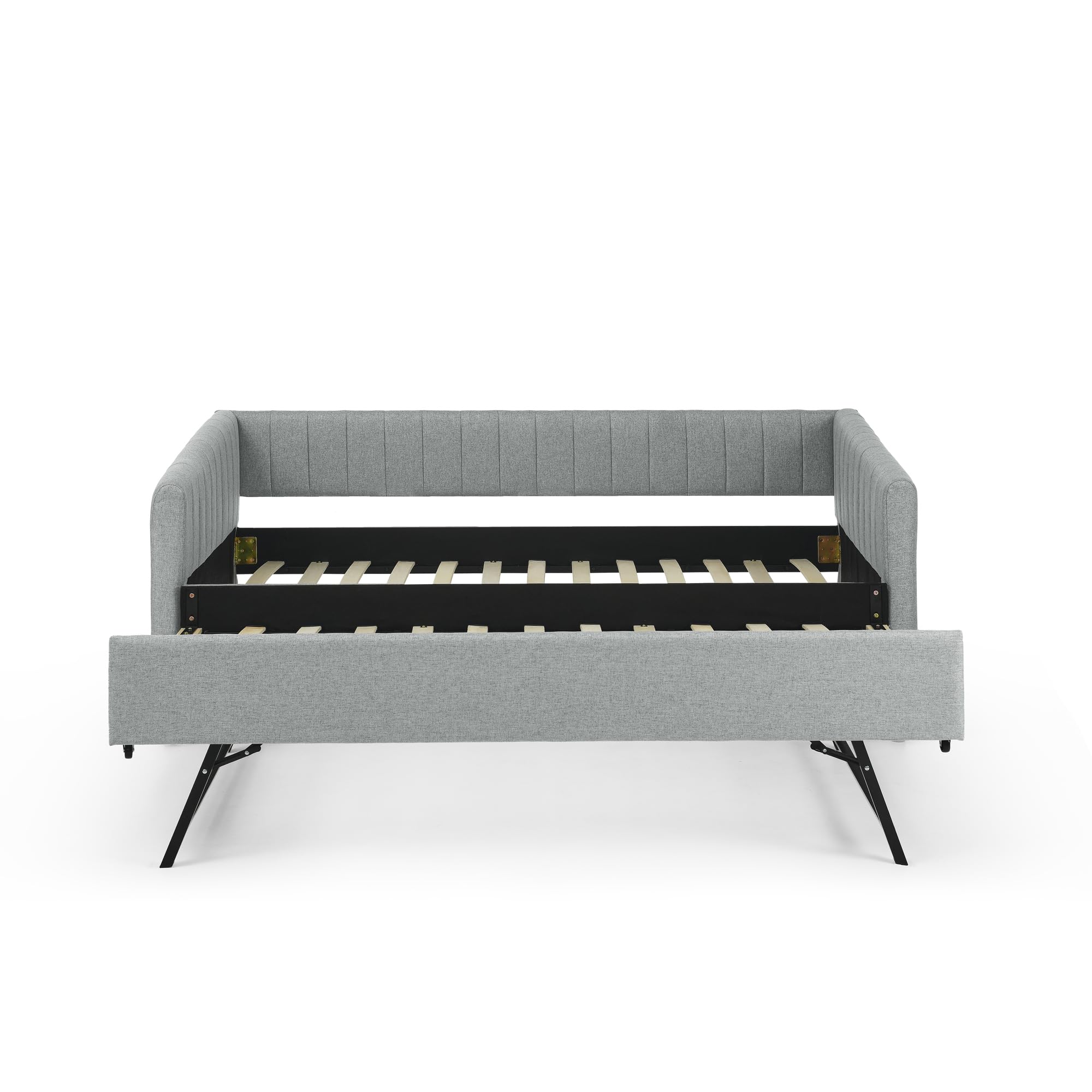 KEIKI Twin Size Upholstery Daybed with Erectable Trundle and Vertical Stripes, Twin to King Design Extendable Linen Sofa Bed, Easy Assembly, No Box Spring Required, for Living Room and Bedroom, Grey