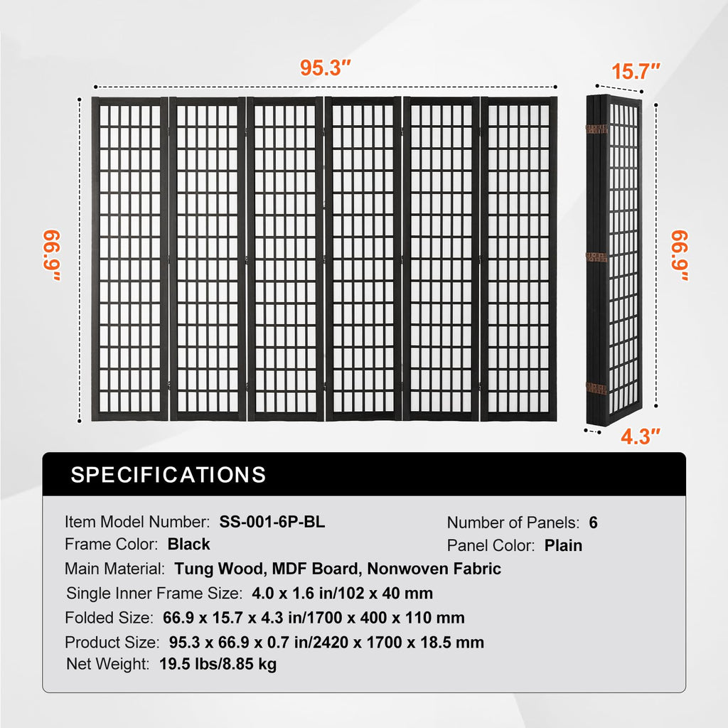 Amacv Room Divider, 6 Panel Japanese Room Divider, Folding Privacy Screen Indoor, Portable Partition Dividers and Decoration Screens, for Room Separation, Home, Office, Restaurant & Bedroom (Black)