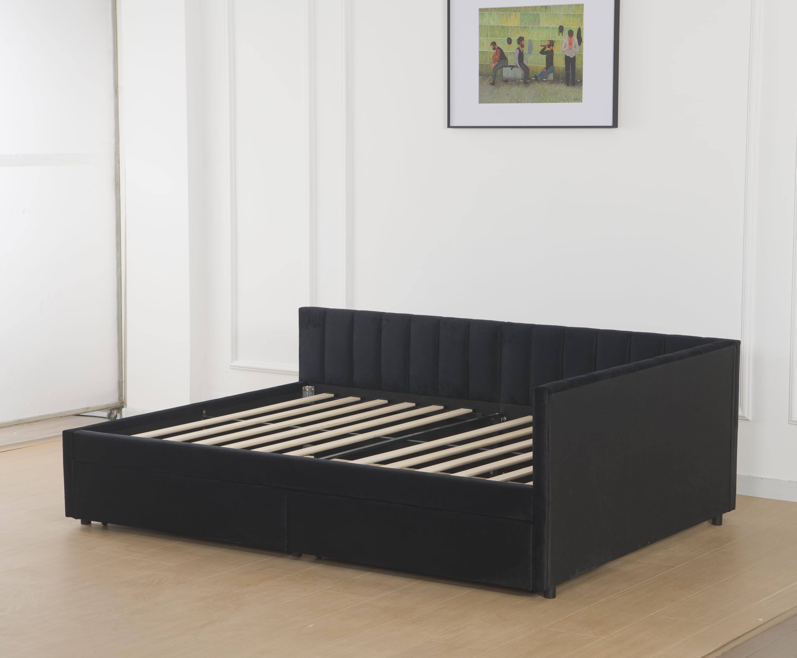 GDFStudio Twin Size Daybed with Trundle, Upholstered Platform Bed Frame with LED Light, Storage Shelves, USB Charging Station, Velvet Twin Bed Frame with Slat Support, No Box Spring Needed, Dark Grey