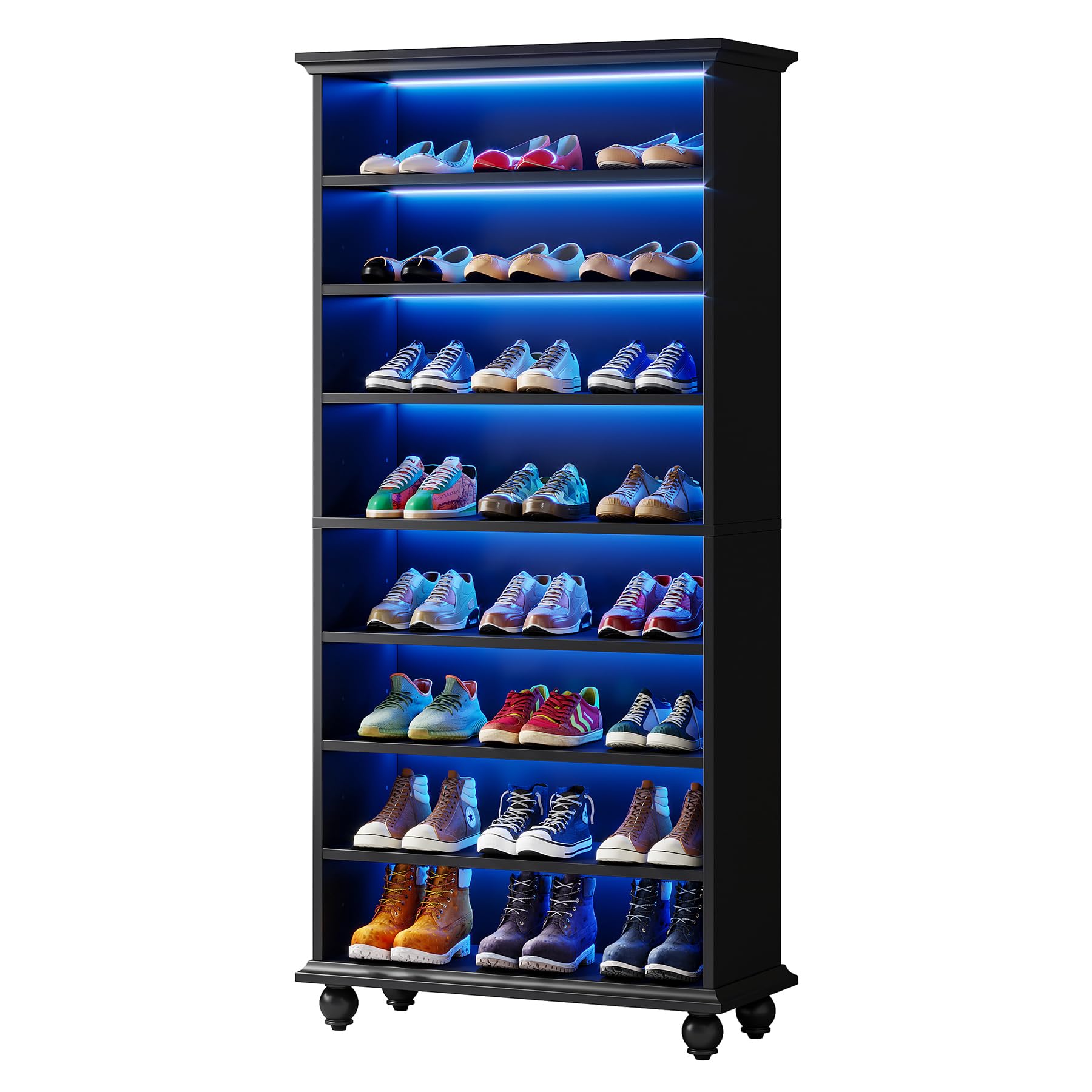 Tribesigns Narrow Tall Shoe Cabinet with LED Lighting, 9-Tier 30 Pairs Freestanding Shoes Storage Cabinet, Wood Shoe Organizer Cabinet with Solid Wooden Legs for Entryway (2, Black)