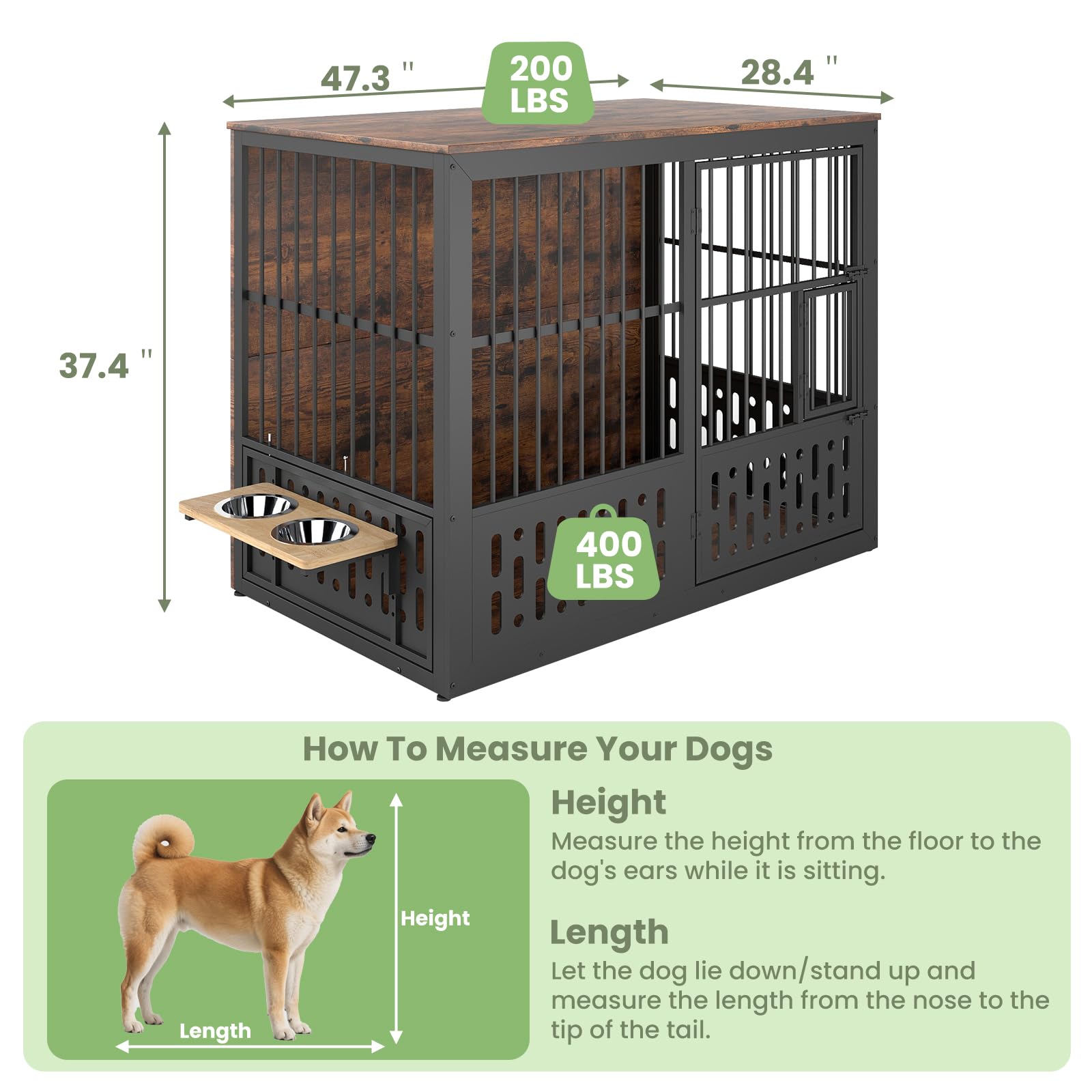 Yafylly 48 Inch XXL Dog Crate Furniture, Wooden Chewproof Dog Kennel with Interactive Window, 360° Adjustable Bowls (5 Heights), Storage Table Top, Heavy Duty XL Dog Crate for Medium Large Dogs, Brown