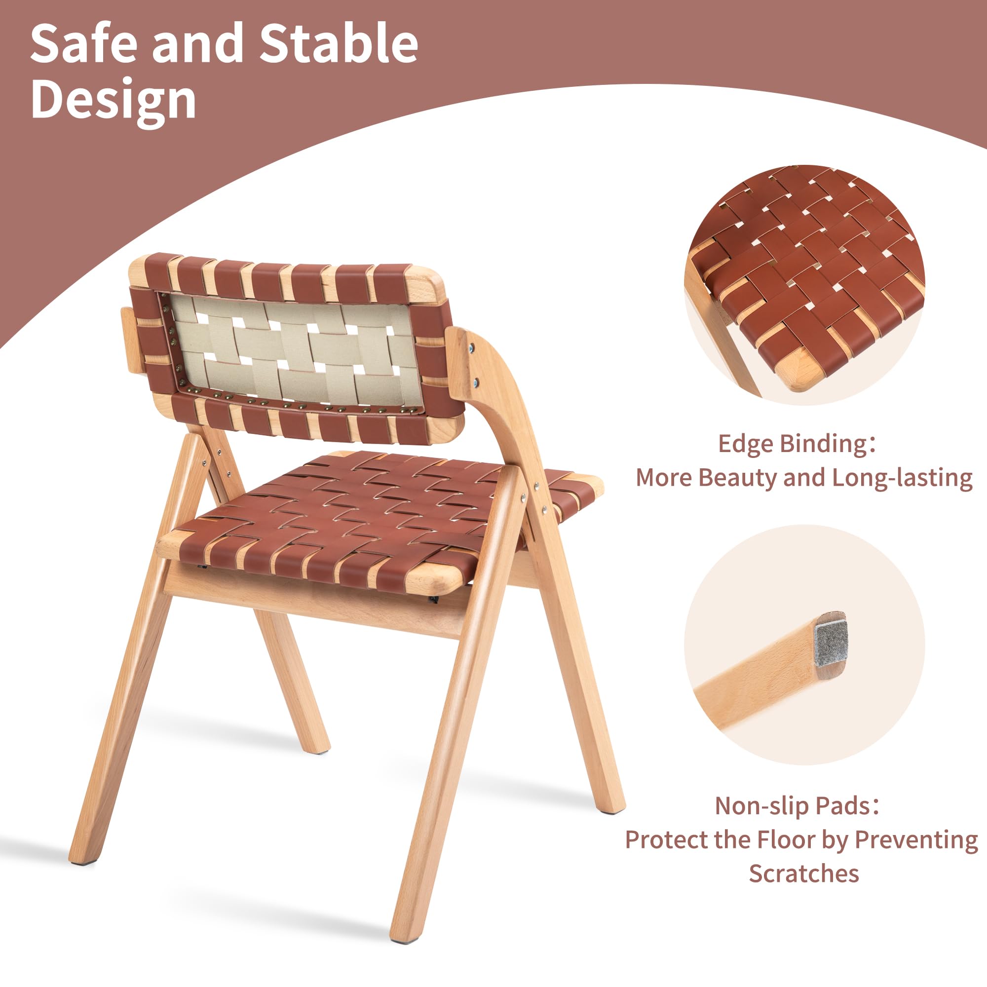 HOMEFUN Folding Dining Chairs Set of 2, Wooden Foldable Chair with Leather-Woven Backrest and Widened Seat Extra for Guests Kitchen Office Wedding Picnic Brown