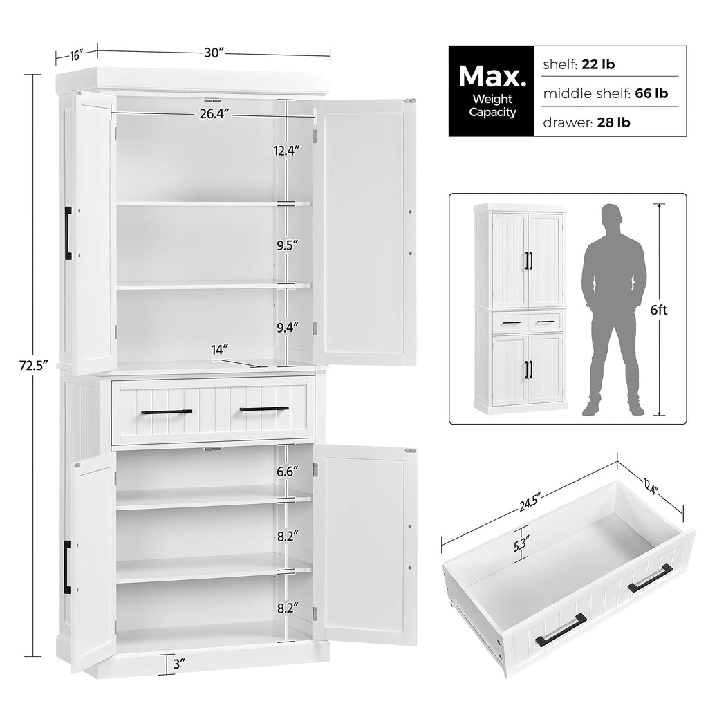 Yaheetech 72.5" Bathroom Floor Cabinet Wooden Storage Organizer with 4 Doors and 1 Drawer, Free-Standing Cupboard for Kitchen/Living Room/Bathroom Use, White