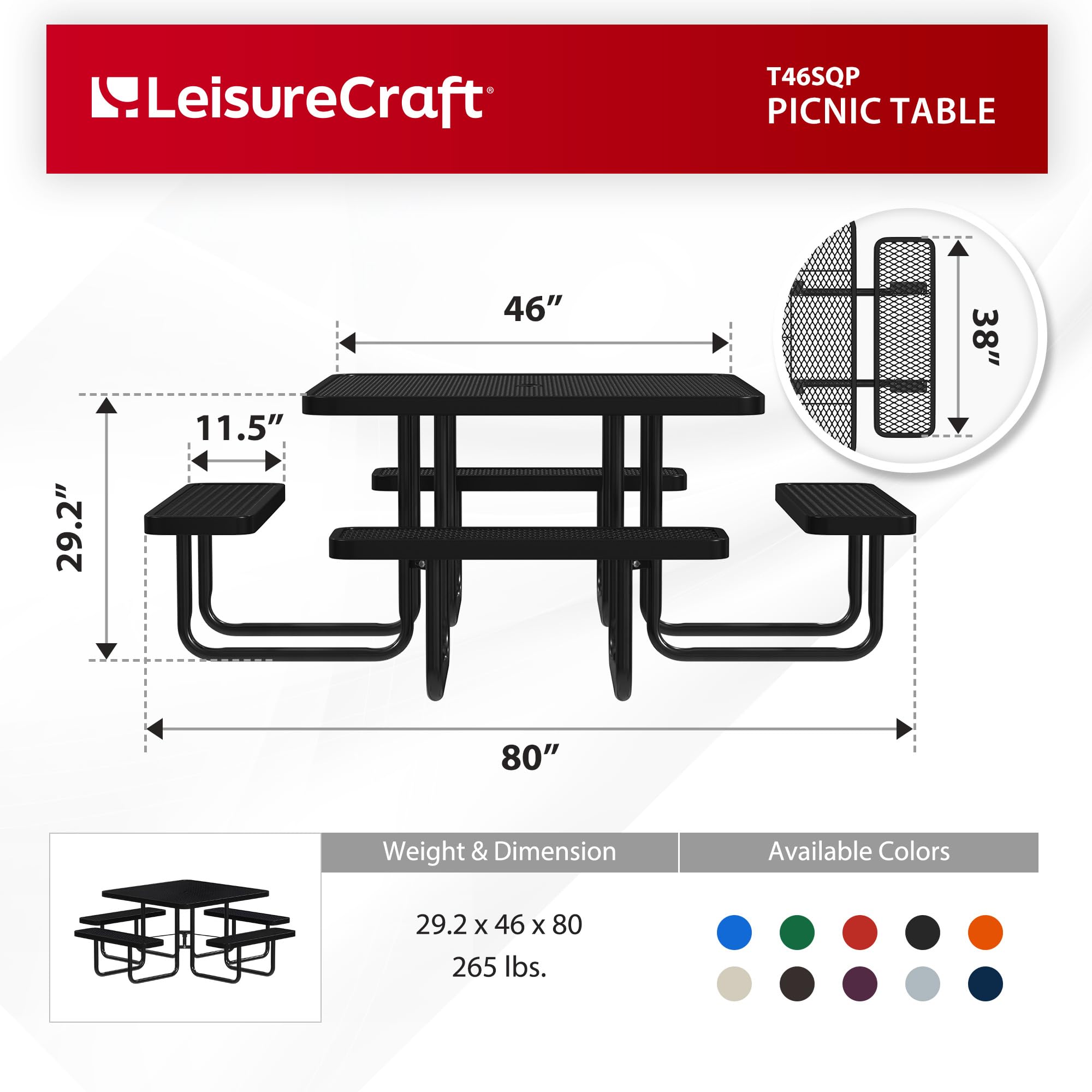 Leisure Craft Metal Picnic Table with Bench - 46" Square Outdoor Dining Table for 8 with Umbrella Hole, Weatherproof Heavy Duty Thermoplastic Coating, Commercial Grade Furniture Made in USA - Black