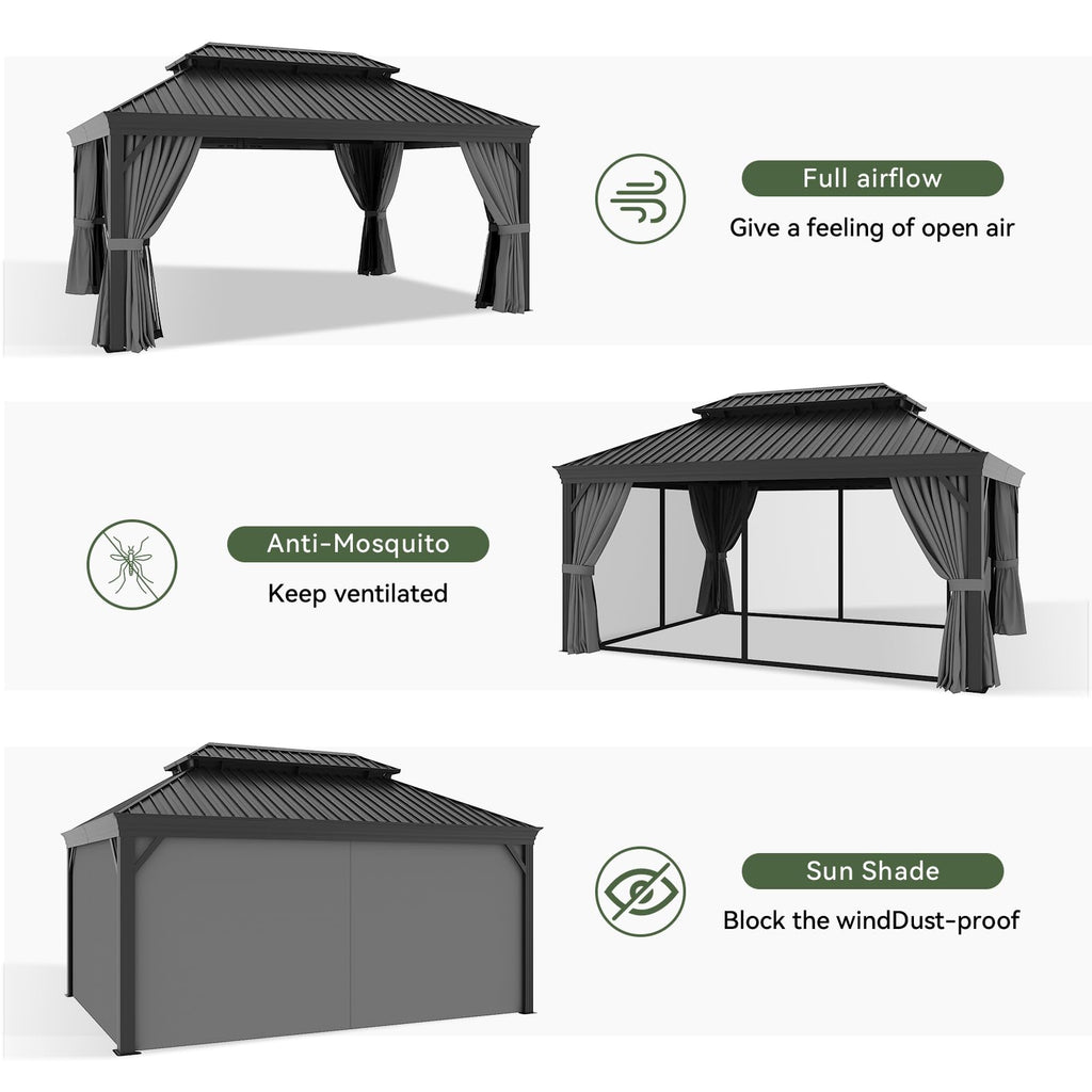 Aoxun 12' X 16' Hardtop Gazebo with Drainage System, Aluminum Outdoor Gazebo with Galvanized Steel Double Roof, Patio Permanent Metal Pavilion with Netting, for Garden, Deckyard, Grey