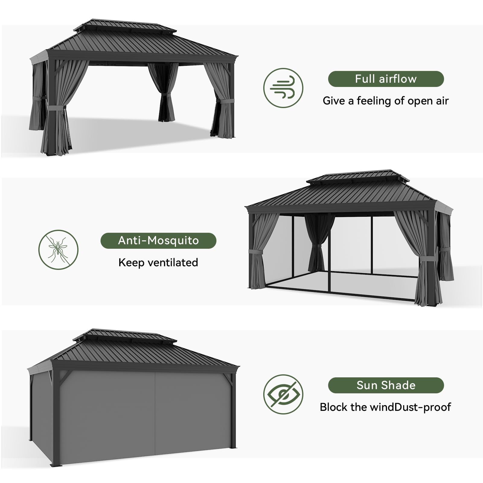 Aoxun 12' X 16' Hardtop Gazebo with Drainage System, Aluminum Outdoor Gazebo with Galvanized Steel Double Roof, Patio Permanent Metal Pavilion with Netting, for Garden, Deckyard, Grey
