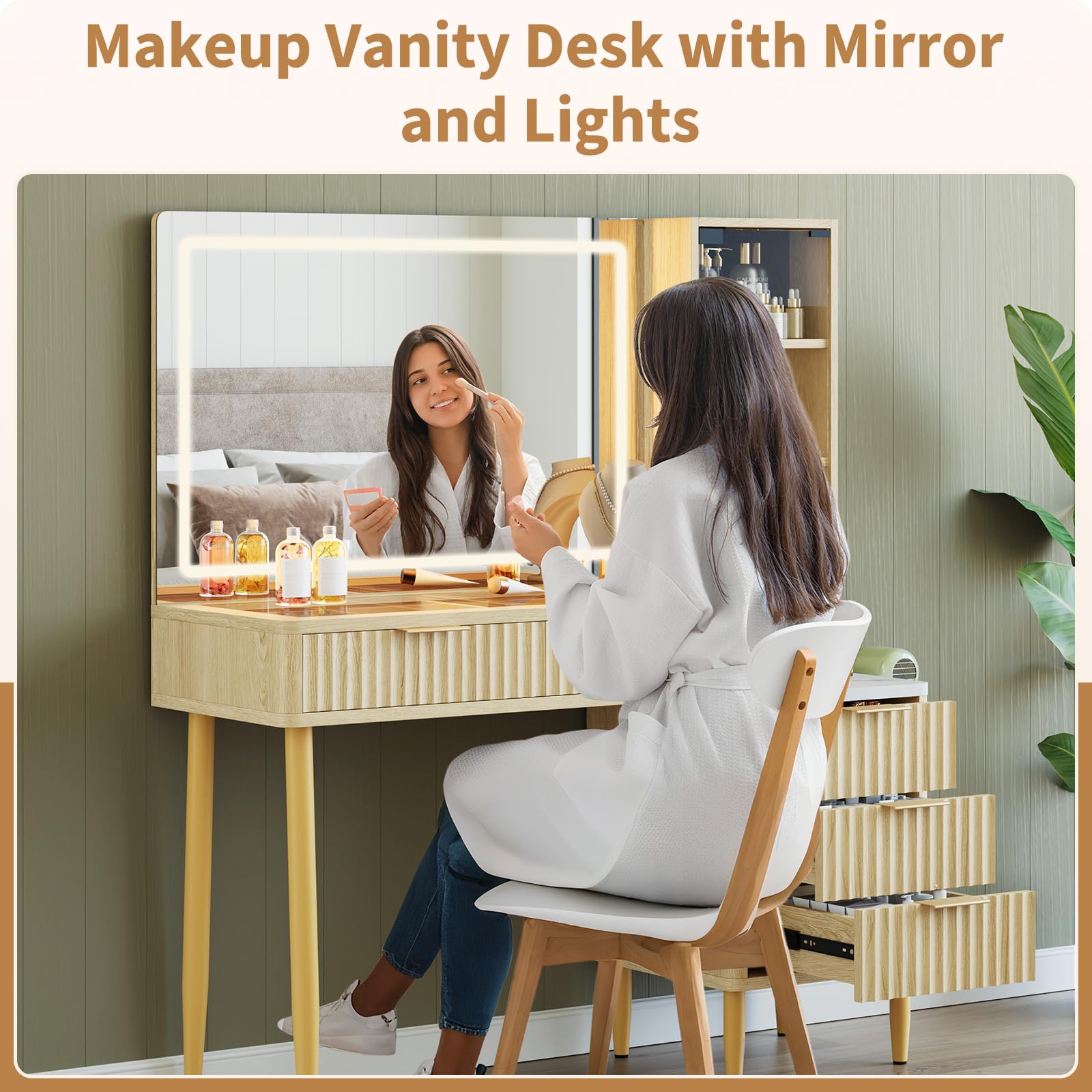 CuisinSmart Makeup Vanity Desk with Lights, Fluted Wooden Dressing Table with 5 Drawers and Adjustable Shelves, Makeup Vanity Table Modern Glass Top with Charging Station for Bedroom (Oak)