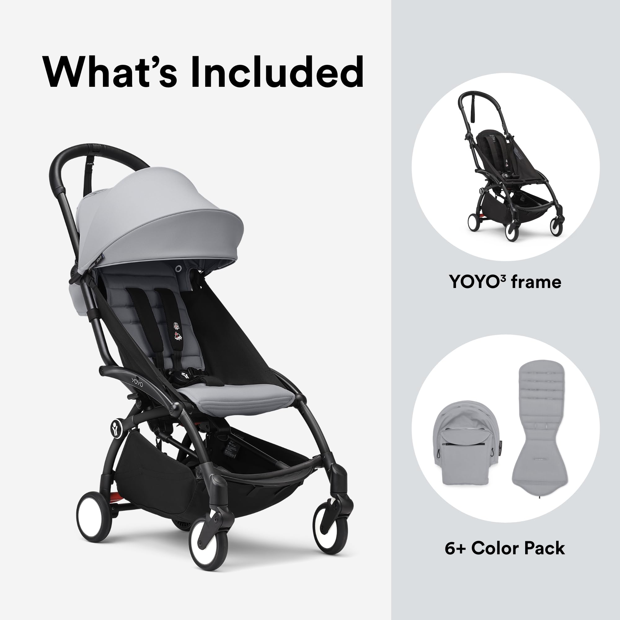 Stokke YOYO3 Stroller from 6 Months - Includes Black Frame/Stone Seat Cushion + Canopy - Folds in & Out in a Flash - Light & Compact - Carry-On Compatible
