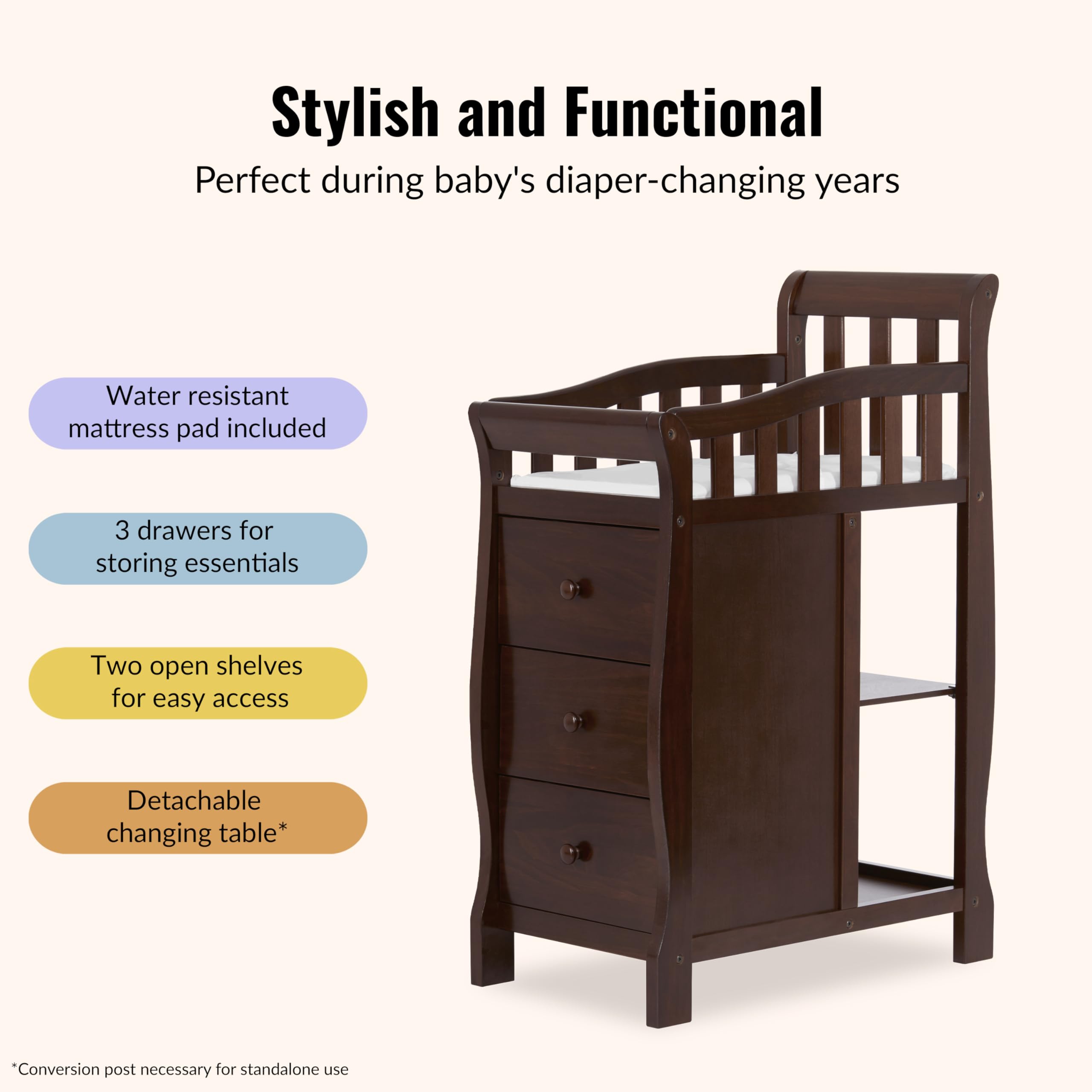 Dream On Me Jayden 4‑in‑1 Mini Convertible Baby Crib & Changer with Storage in Espresso, Pinewood, GreenGuard Gold & BSA, 1” Mattress Pad, 3 Mattress Heights, Converts to Mini Day & Twin-Size Bed
