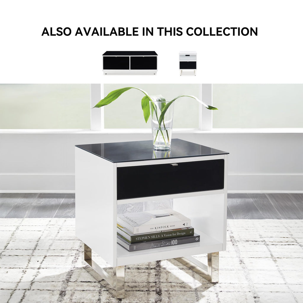 Signature Design by Ashley Gardoni Modern Glass-Tabletop End Table with 1 Drawer, Open Shelf, and High Gloss Finish, White & Black