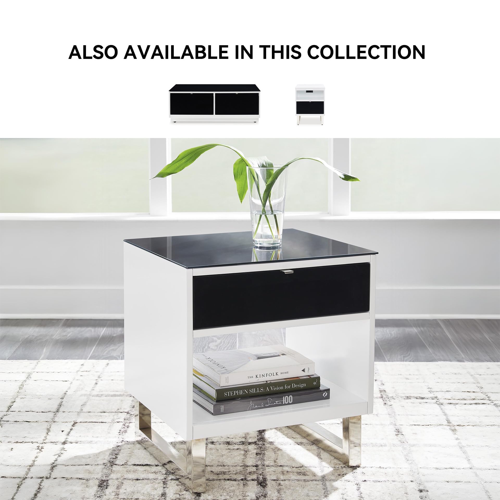 Signature Design by Ashley Gardoni Modern Glass-Tabletop End Table with 1 Drawer, Open Shelf, and High Gloss Finish, White & Black