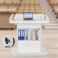 Podium Stand with Wheels Portable Podium Church Pulpit Lectern Podium Stand Church Podium Stands Wood Speaking Lectern Stand Lockable Wheels Design with Storage (White, L39″×W19″×H44″)