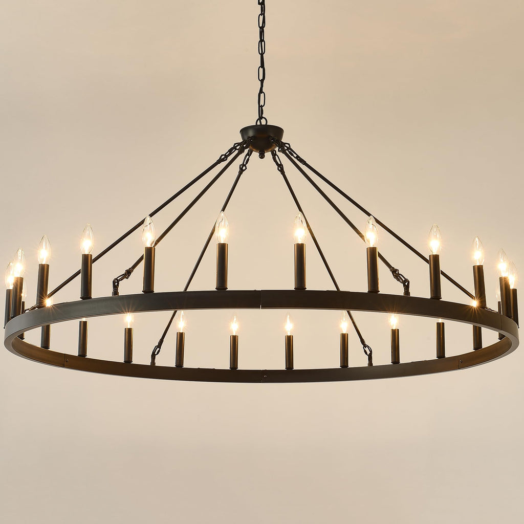 JTYP 53 Inch Large Black Farmhouse Wagon Wheel Chandelier,24-Light Round Industrial Pendant Light fixtures for Outdoor Porch high Ceilings Living Dining Room Foyer Entryway