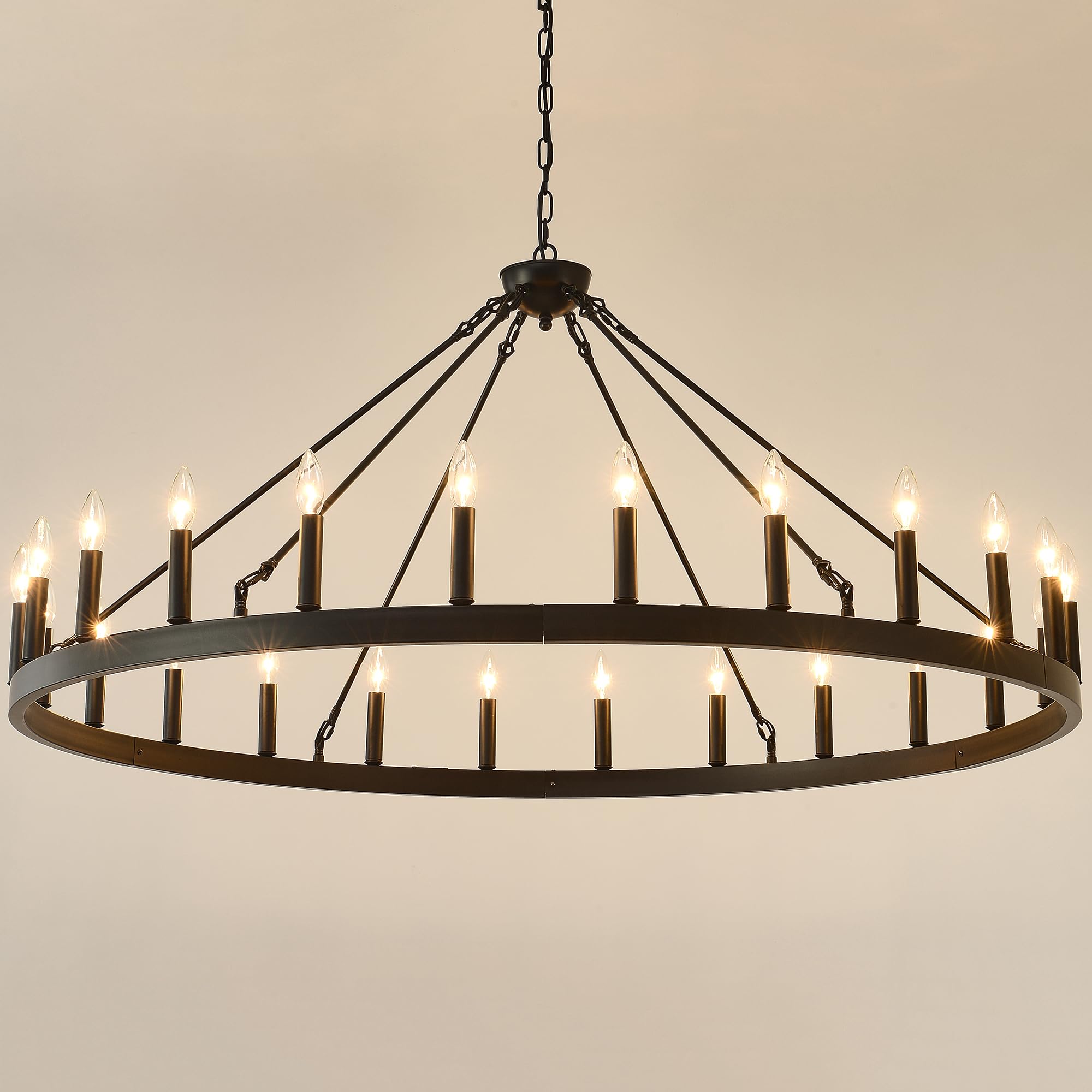 JTYP 53 Inch Large Black Farmhouse Wagon Wheel Chandelier,24-Light Round Industrial Pendant Light fixtures for Outdoor Porch high Ceilings Living Dining Room Foyer Entryway