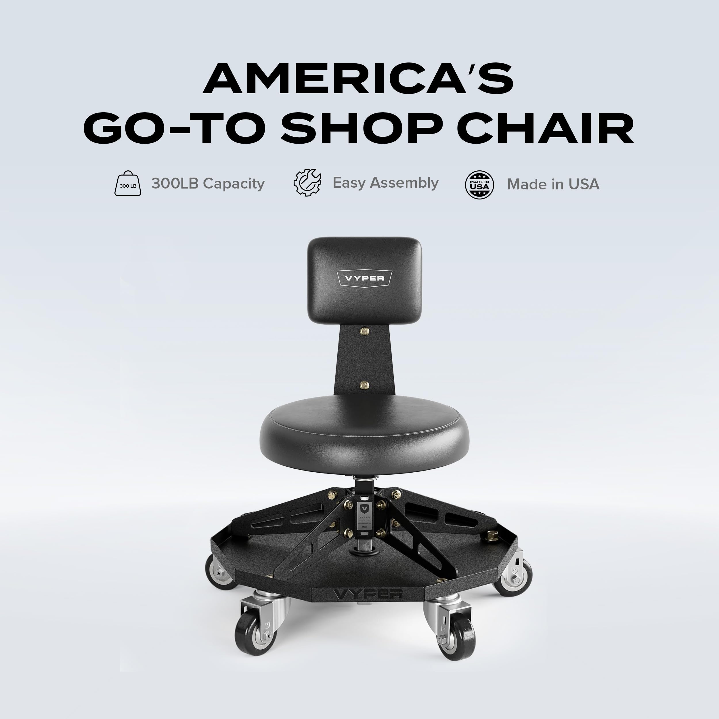 Vyper Robust Steel Sport Shop Chair for Mechanics, Automotive, DIY - 300 lb Capacity Garage Stool with Backrest & Large Wheels (Black Seat, Black Frame)