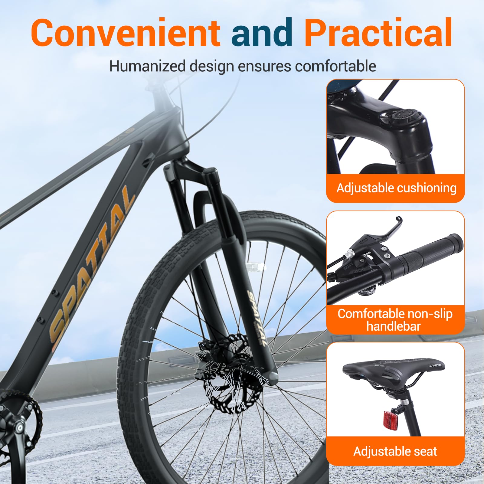 SPATIAL Mountain Bike/Fat Tire, 24/26/27.5/29 Inch Outdoor Cycling Bike, 8/21 Speed Lightweight Aluminum Frame | Dual Disc Brakes, Adjustable Ergonomic Seat for Adult Teens (Black, 27.5'')