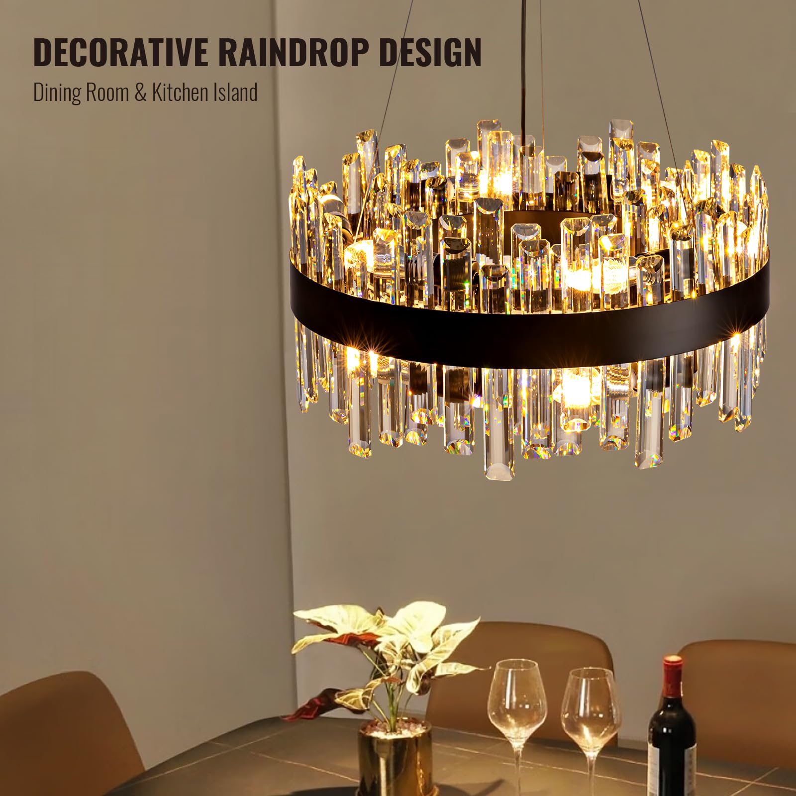 Siljoy Black Crystal Chandelier for Dining Room, Modern 2-Tiers K9 Crystal Raindrop Chandelier 12 Lights Farmhouse Pendant Ceiling Light for Living Room Kitchen Island Entry Foyer D19.7''