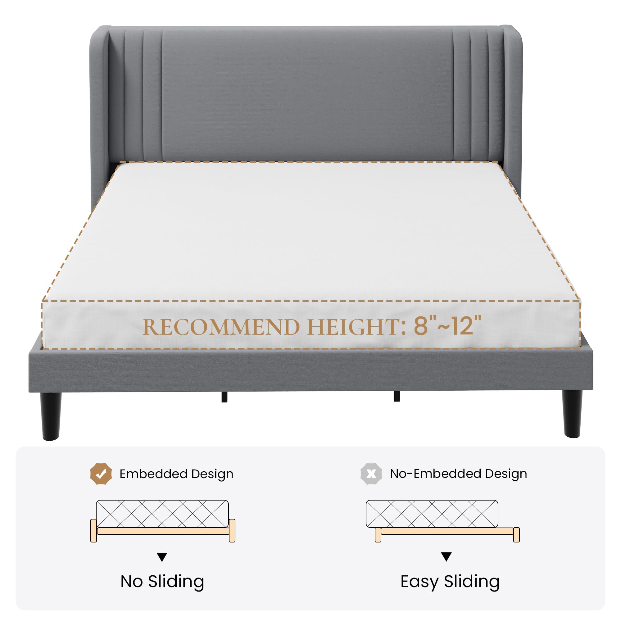 SHA CERLIN King Size Velvet Upholstered Platform Bed Frame with Vertical Channel Tufted Wingback Headboard, Wooden Slats Support, Easy Assembly, Under Bed Storage, No Box Spring Required, Grey