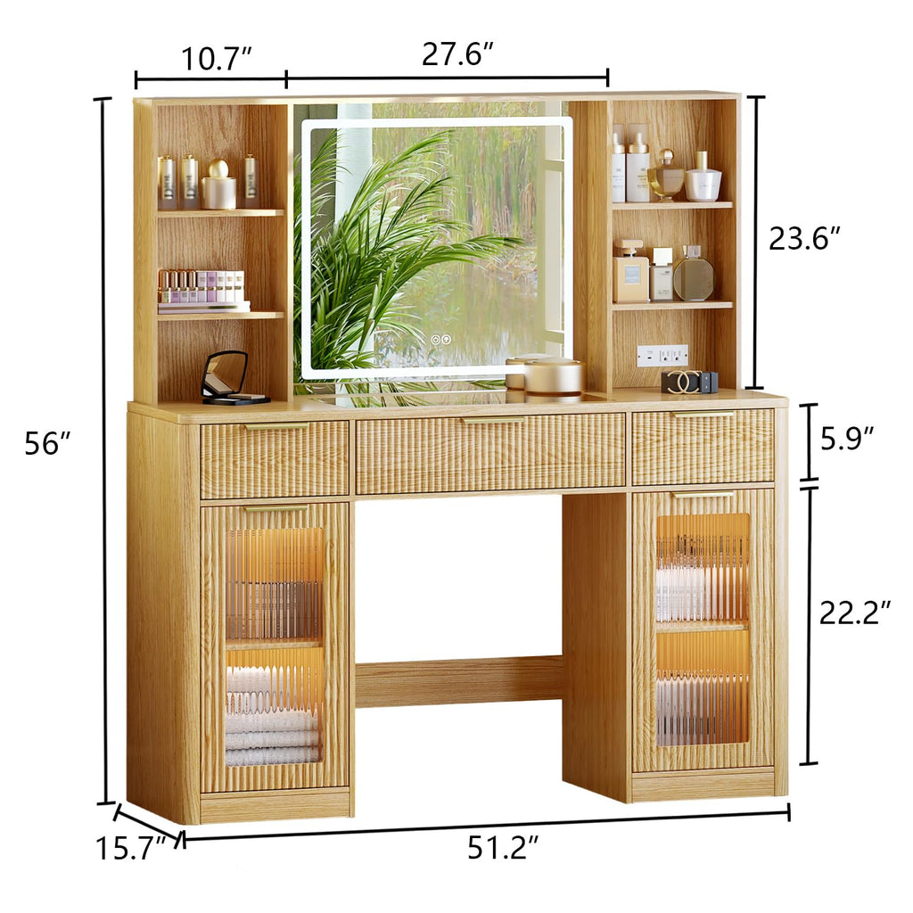 GRUTEUNIT 51" Large Vanity,Modern Fluted Makeup Vanity Desk with Mirror and Lights, Glass Top Vanity with 3 Drawers and 2 Cabinets&Charging Station,Dressing Table for Women and Girls’ bedrooms. Oak