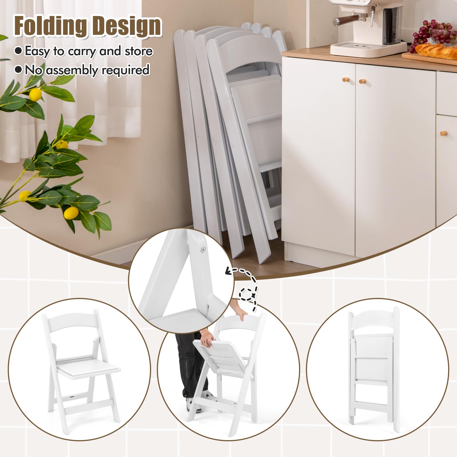 GOFLAME 20 Pack Folding Chairs, Foldable Dining Chair Set with Padded Seat, All-Weather Resin Frame, Indoor Outdoor Portable Commercial Seat for Home, Party, Wedding, 1100 Lbs Load Capacity, White