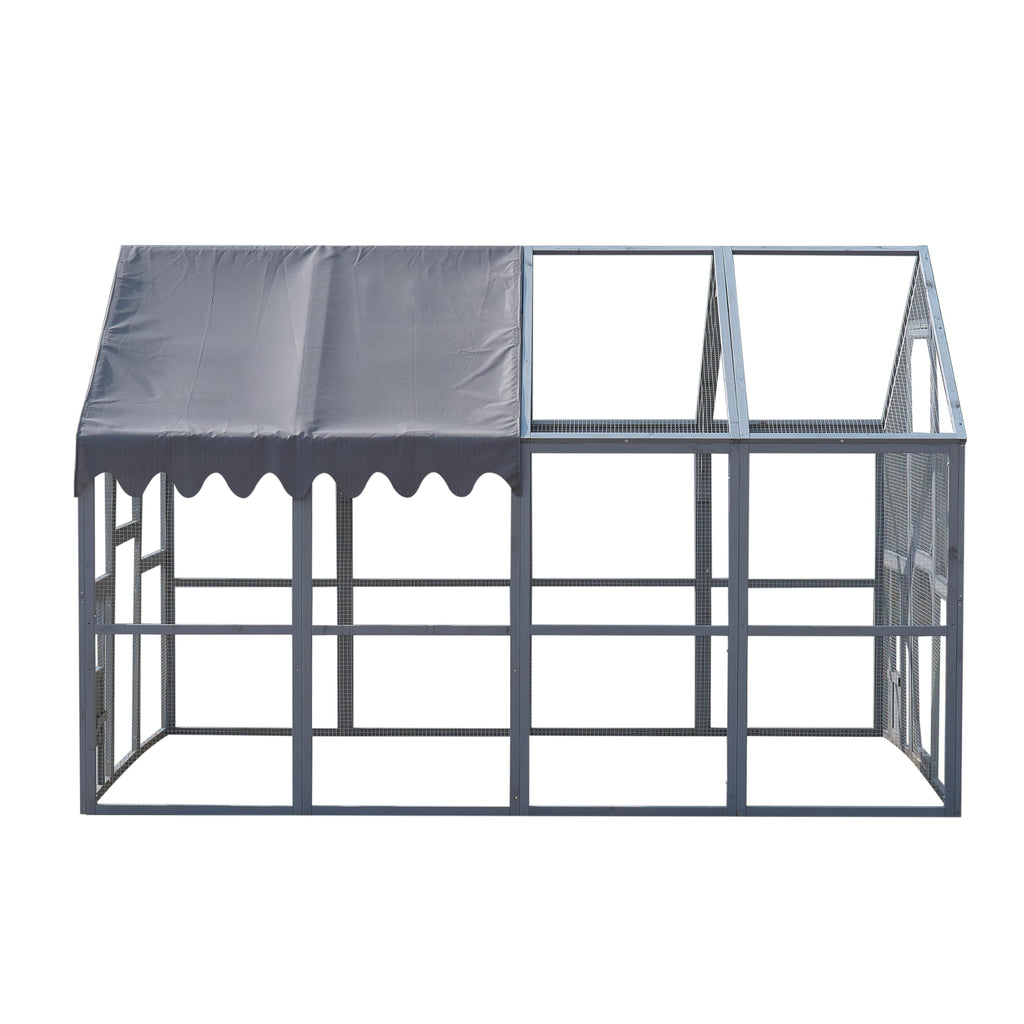 KEIKI Chicken Coop, 9.3 x 6.2 x 6 FT, Large Wooden Chicken Run with Waterproof Cover, Outdoor Walk-in Hen House, for Backyard Farm, Grey