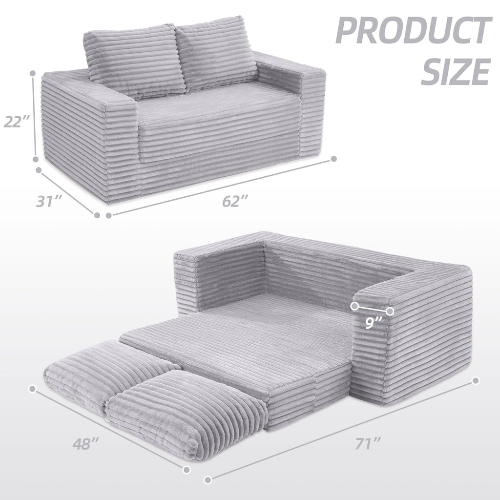 Kasunpul 62" Convertible Sofa Bed, 4 in 1 Folding Couch Bed with Corduroy Fabric & 2 Pillows, Pull Out Floor Couch for Living Room, Bedroom, Apartment (Light Grey)
