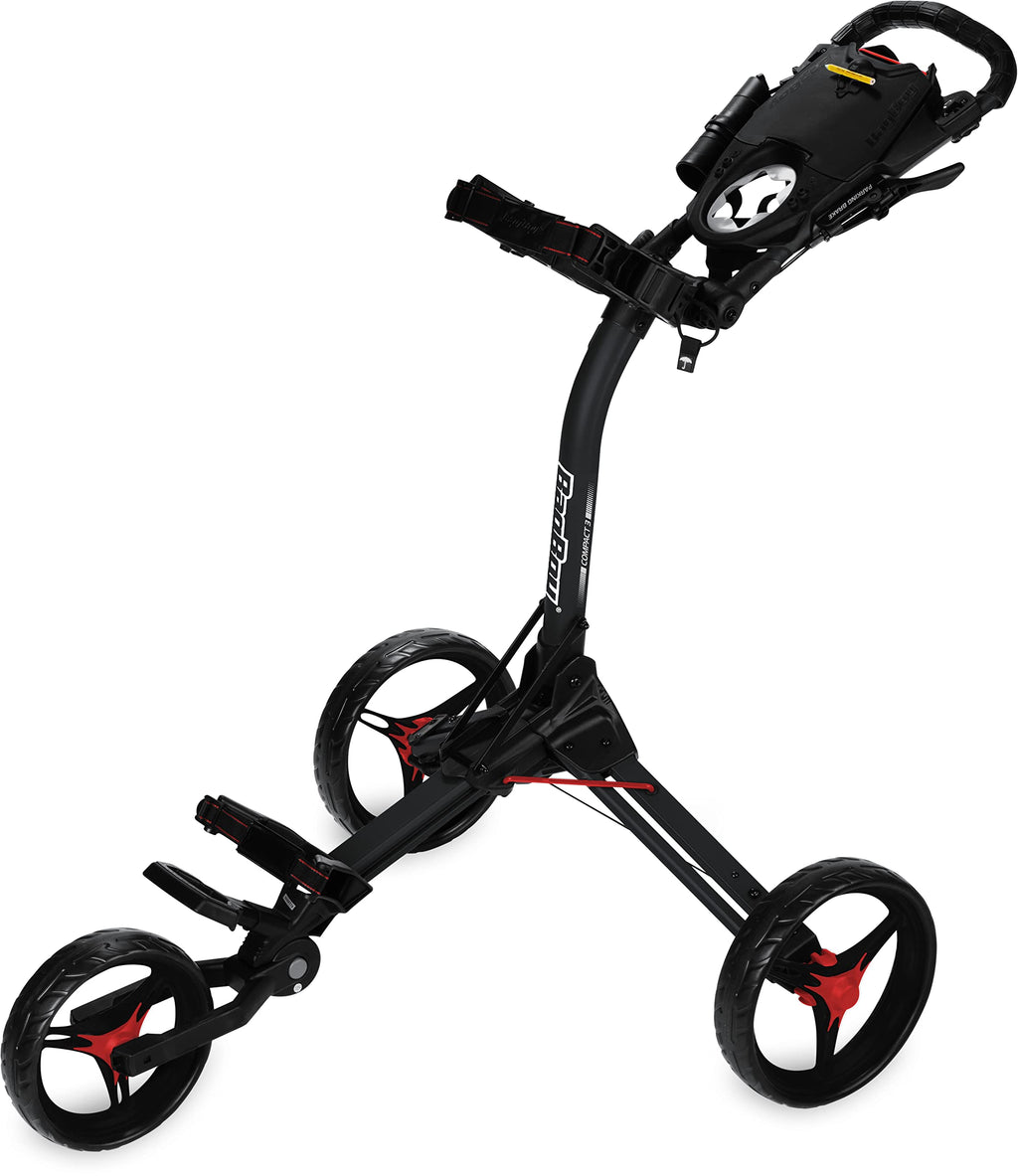 Bag Boy Compact 3 Golf Push Cart, Easy Three-Step Open & Close, Scorecard Console, Beverage Holder, Mobile Device Holder, Handle Mounted Parking Brake