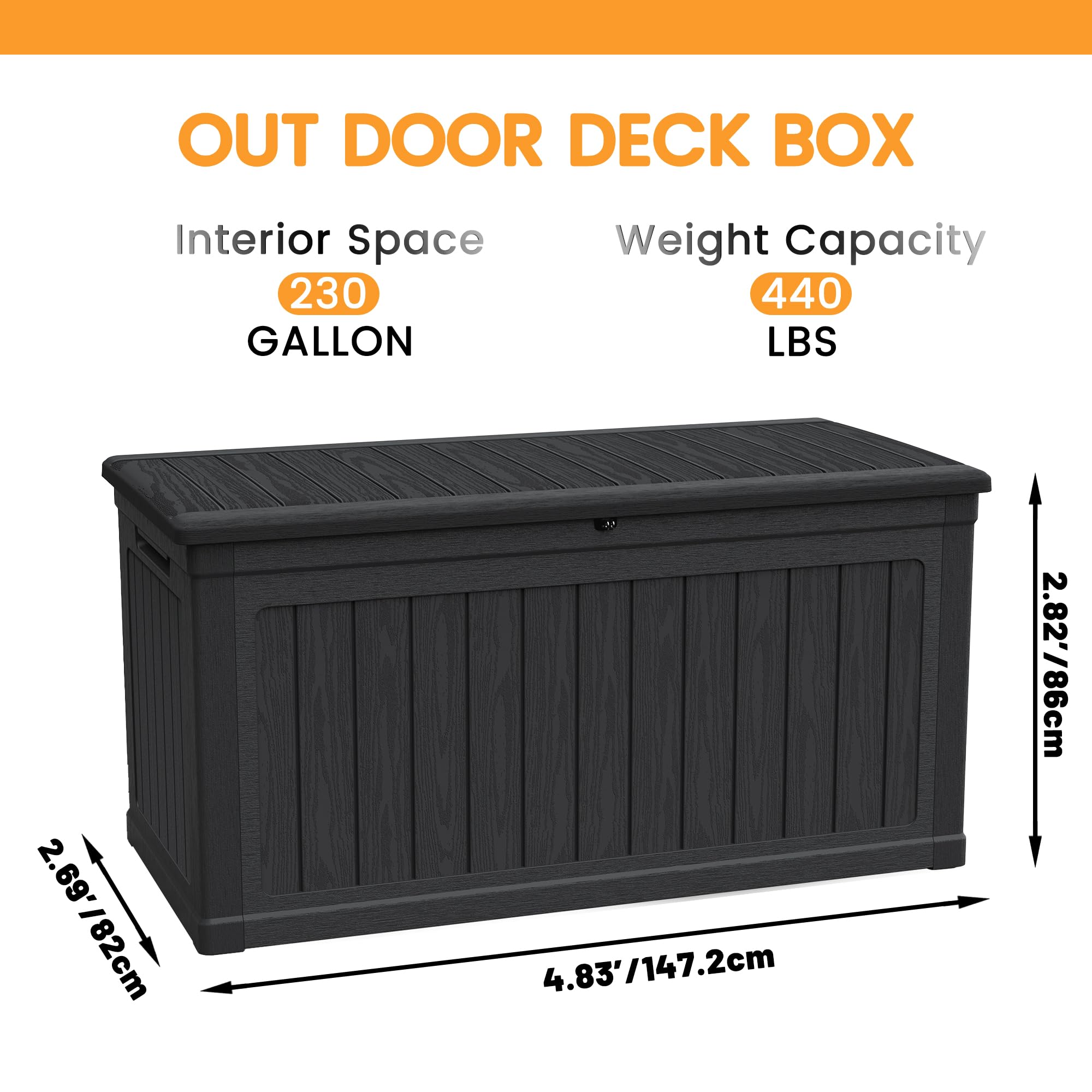 230 Gal Weatherproof Deck Box Large Outdoor Storage Organizer, Double Wall Resin Storage Chest for Patio Furniture, Cushions & Tools, Waterproof, Lockable, Bench Style Table (440lbs Capacity, Black)