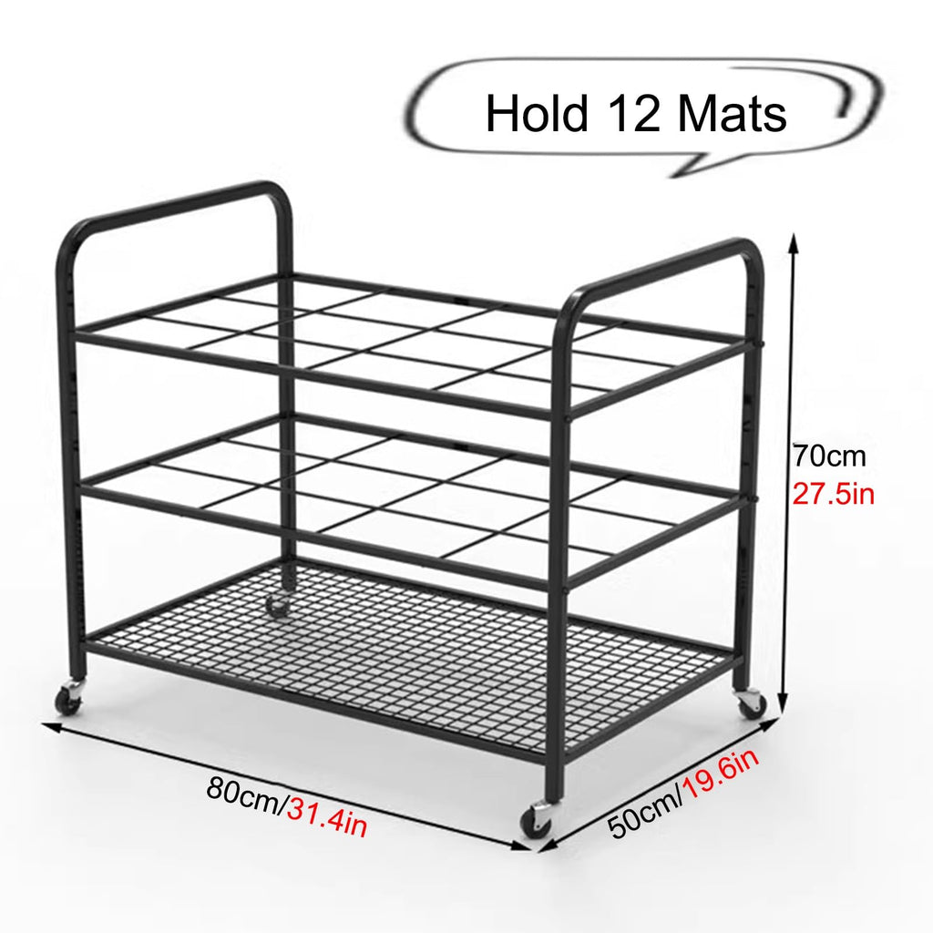 12 Mats Large Commercial Storage Cart, Rolling Metal Organizer Holder for Foam Roller/Yoga Strap/Dumbbells Display, Home Studio Gym Office Equipment Rack,Black