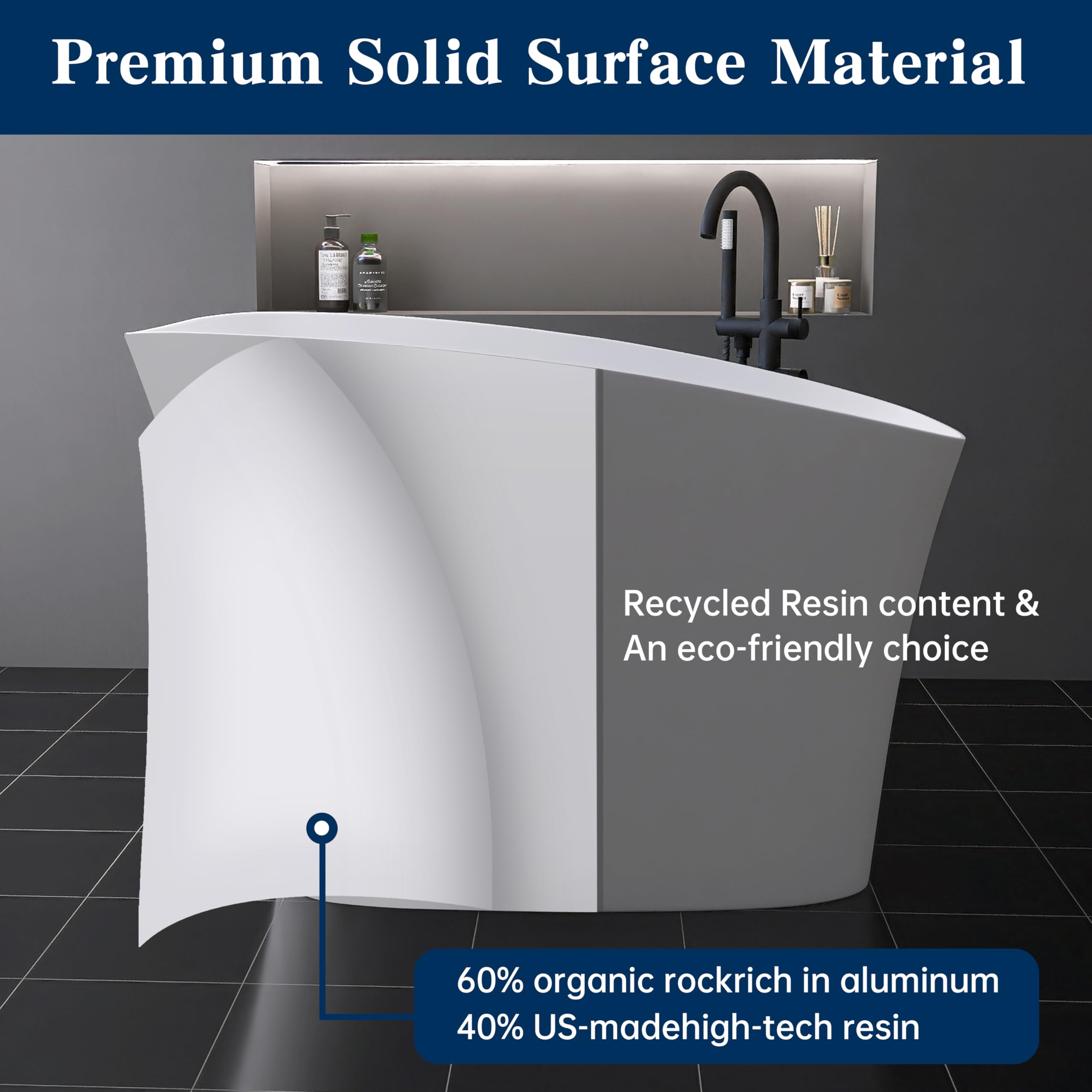 MEDUNJESS 51'' Japanese Soaking Tub Freestanding Bathtub Resin Stone Bathtubs Deep soaking Tub with Overflow and Pop-up Drain - White