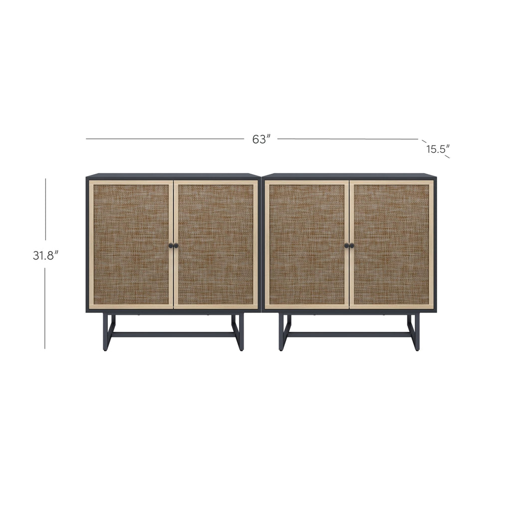 Nathan James Kova Rattan Wood Accent Sideboard Storage Cabinet TV Stand with Matte Metal Frame, Adjustable Shelves and Cane Doors, for Hallway, Entryway or Living Room, Black Oak/Cane, Set of 2