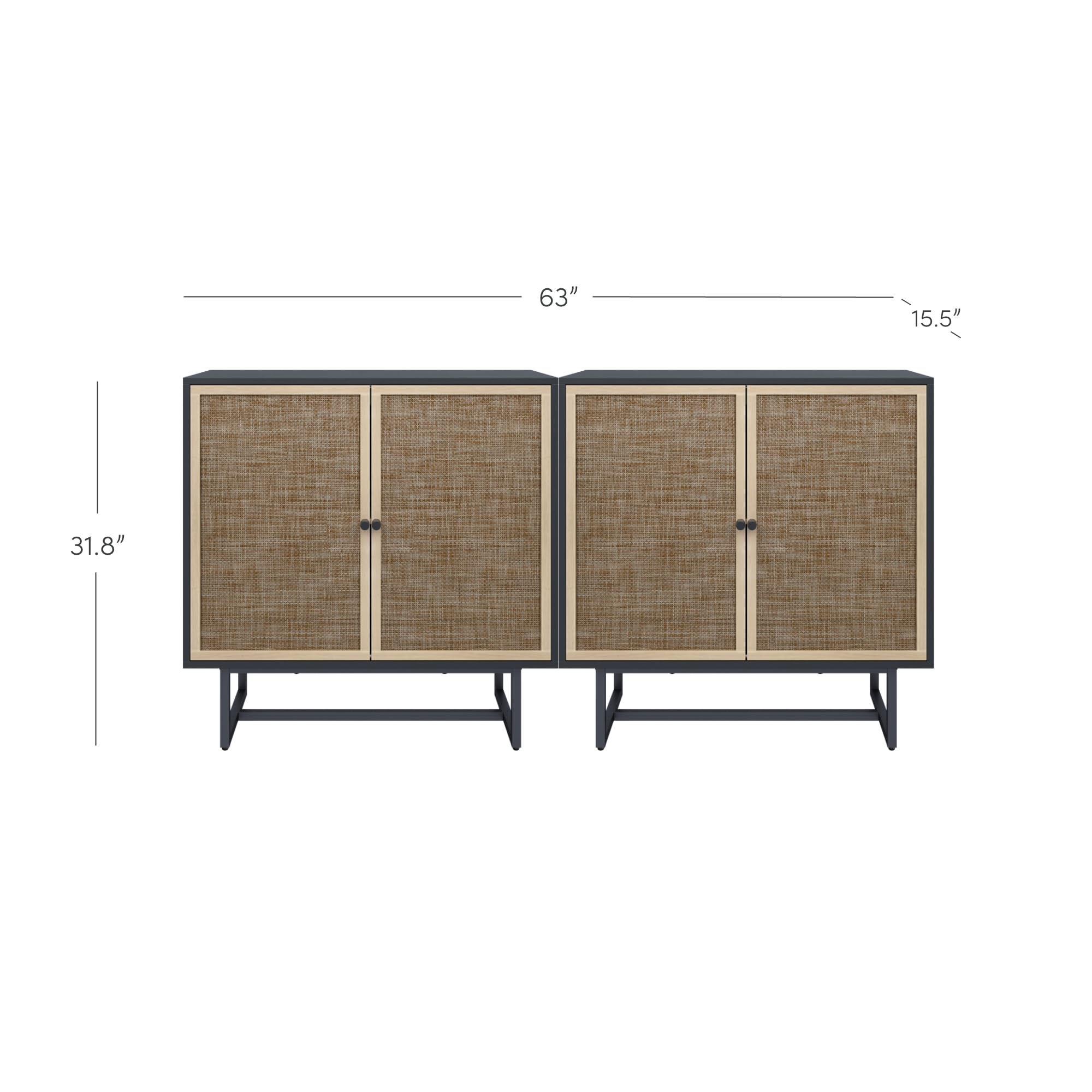 Nathan James Kova Rattan Wood Accent Sideboard Storage Cabinet TV Stand with Matte Metal Frame, Adjustable Shelves and Cane Doors, for Hallway, Entryway or Living Room, Black Oak/Cane, Set of 2