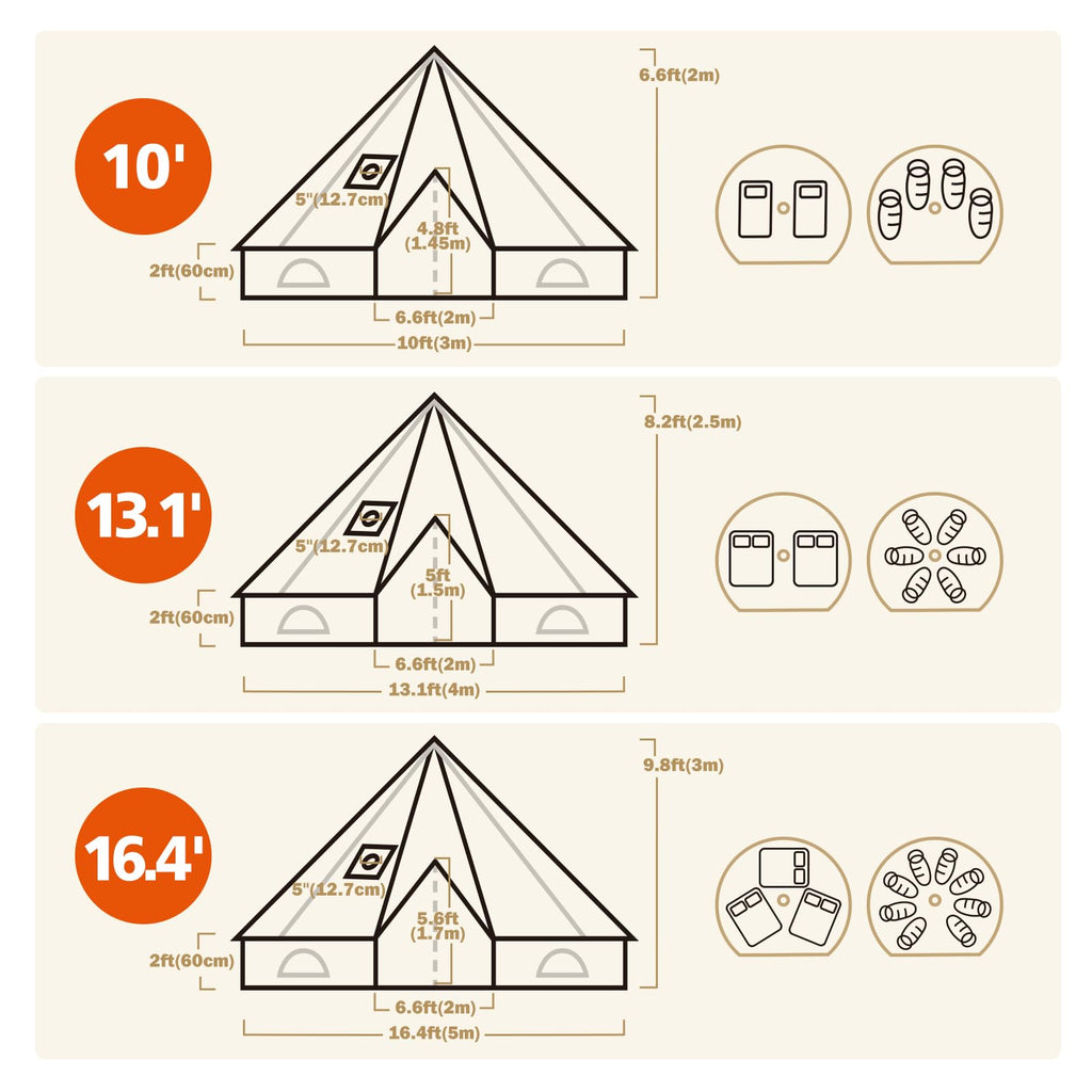 Canvas Bell Tent with Stove Jack - Waterproof and Breathable Yurt, Glamping Tent with Detachable Groundsheet for Camping Party