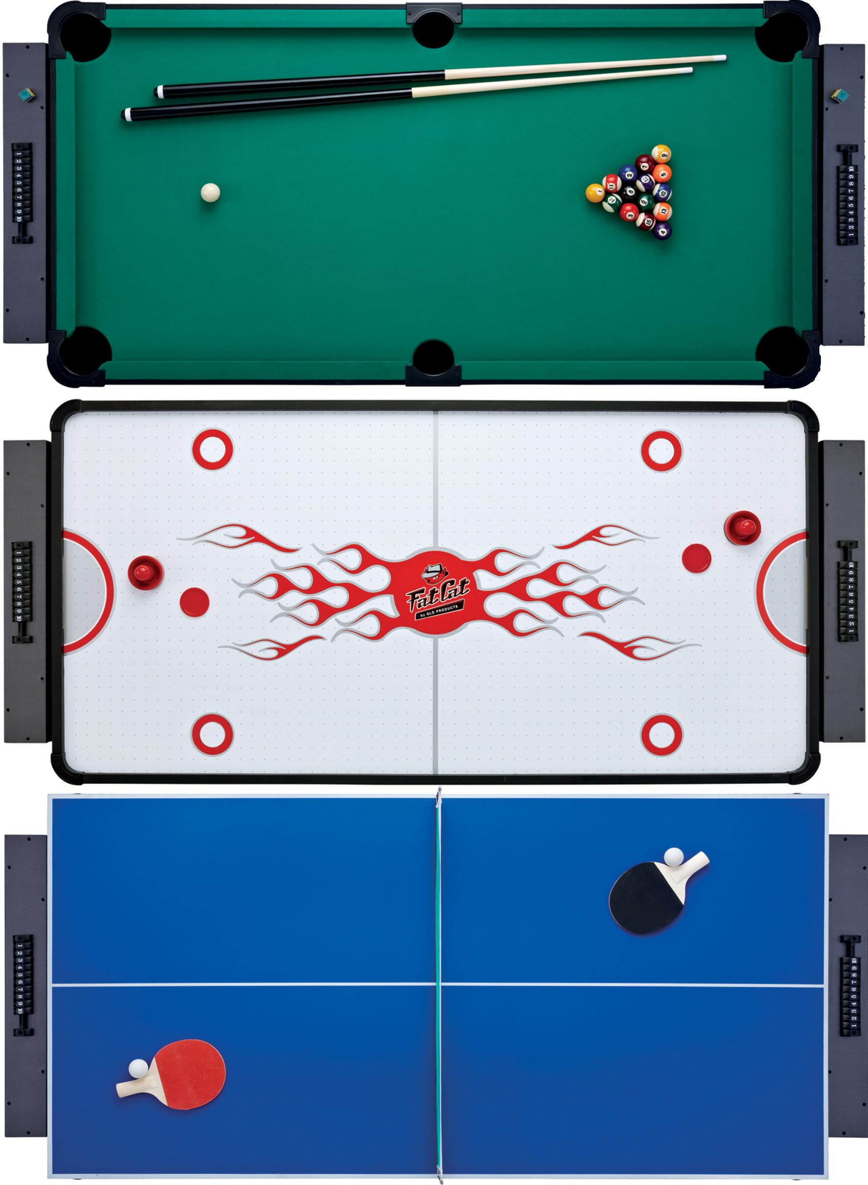 Fat Cat 3-in-1 6 Foot Flip Multi Game Table, Air Hockey Table, Pool Table, and Table Tennis Combo with 110V Motor, Includes Accessories