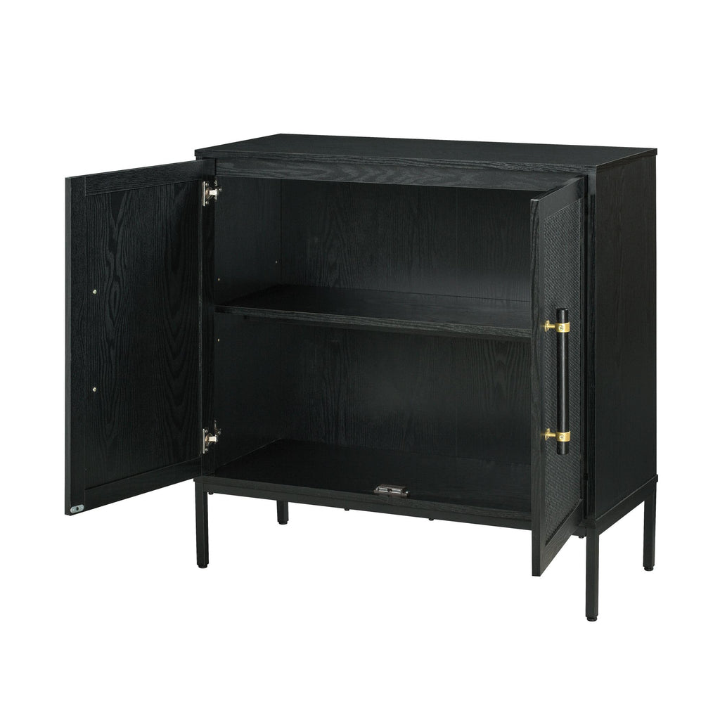Hopper Studio Sophia 2-Door Accent Cabinet, Black Finish with Rattan Doors & Wood/Brass Handles, Adjustable Shelf, Aluminum Legs, Mid-Century Modern Storage for Luxury Living Room, Kitchen, Entryway