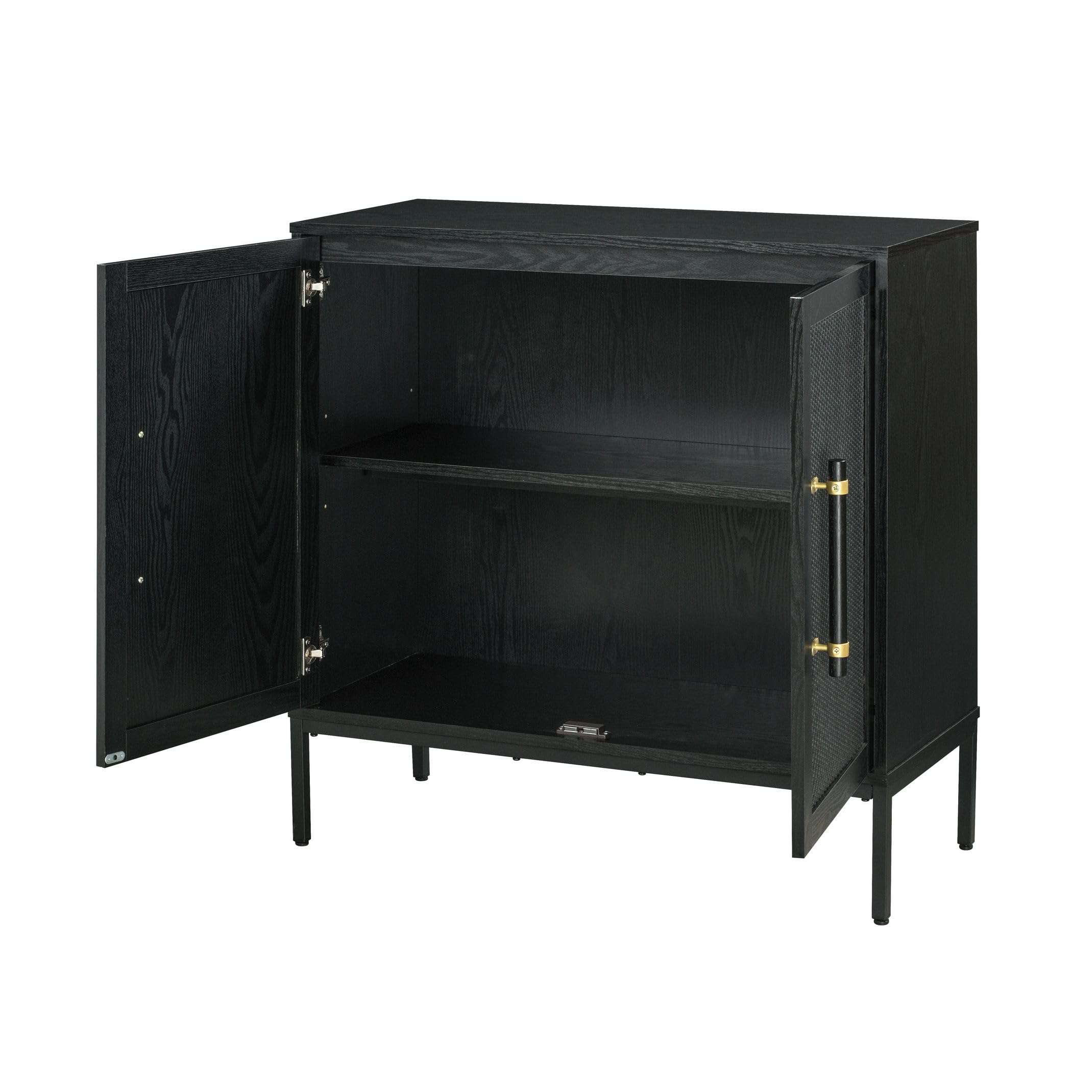 Hopper Studio Sophia 2-Door Accent Cabinet, Black Finish with Rattan Doors & Wood/Brass Handles, Adjustable Shelf, Aluminum Legs, Mid-Century Modern Storage for Luxury Living Room, Kitchen, Entryway