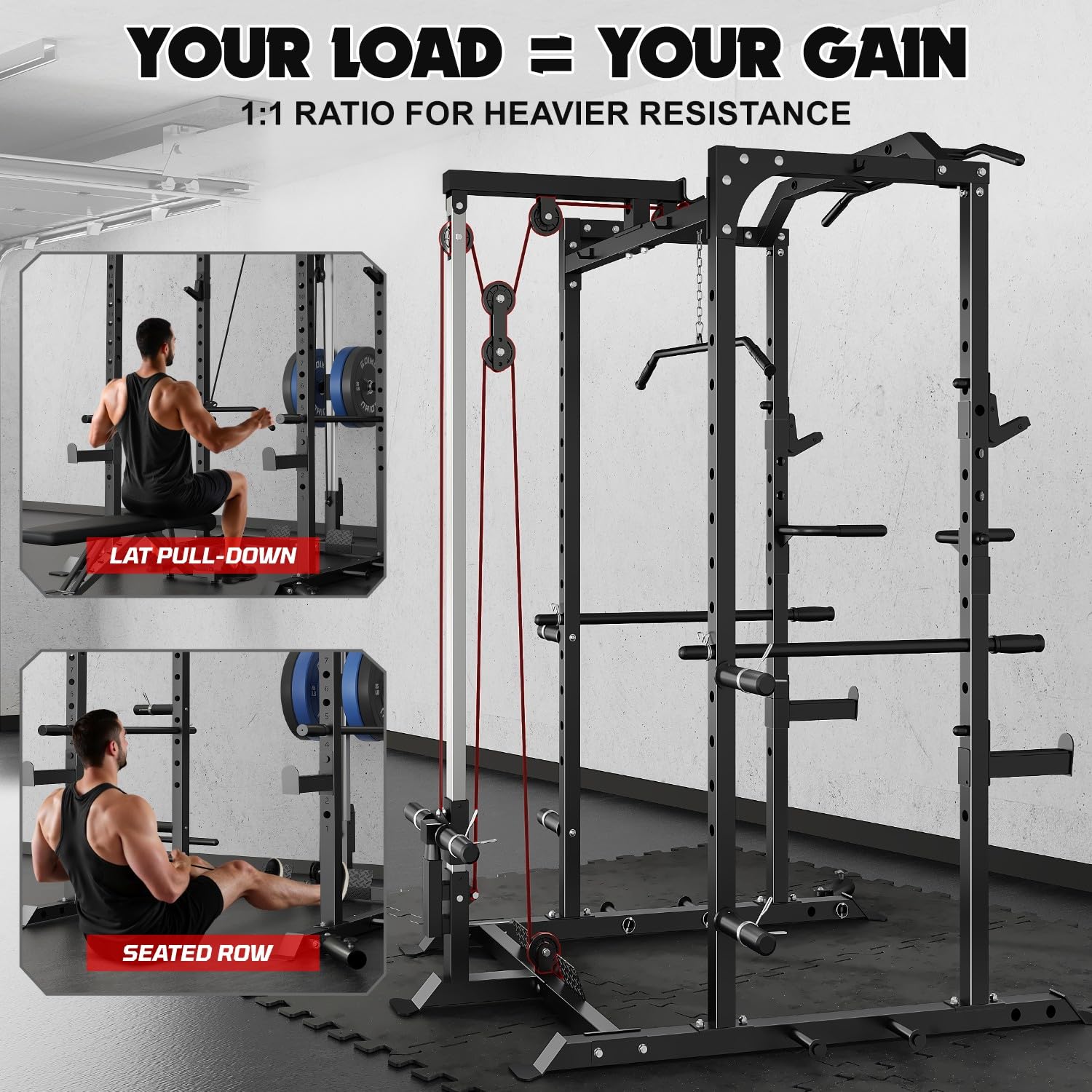 Goimu C1-V4 Power Cage, 2000LBS Squat Rack with LAT Pulldown, Multi-Function Weight Cage Strength Training Machine, Workout Cage with More Attachments for Home Gym Garage (220LBS BK Home Gym Package)