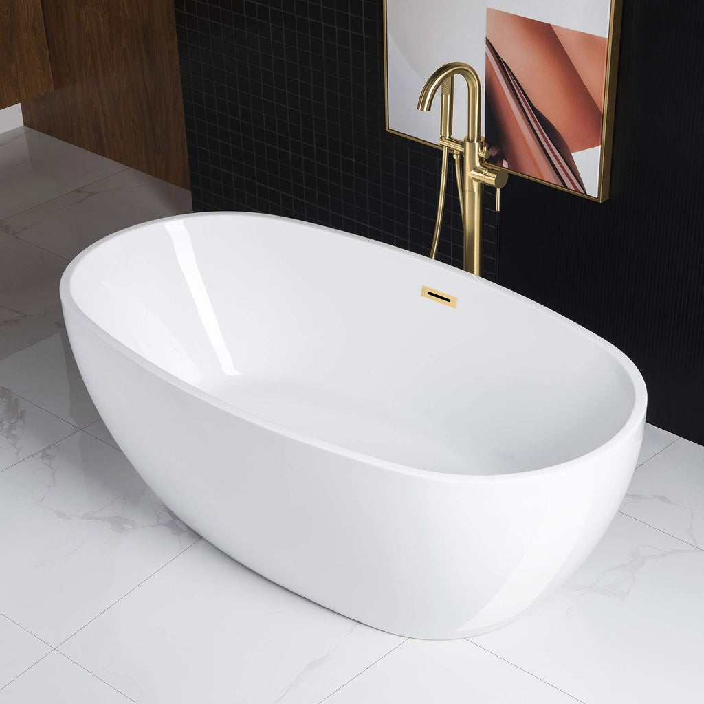 WOODBRIDGE 67" Acrylic Freestanding Bathtub Contemporary Soaking Tub, White Acrylic(Brushed Gold Drain/Overflow),BTA1528-BG