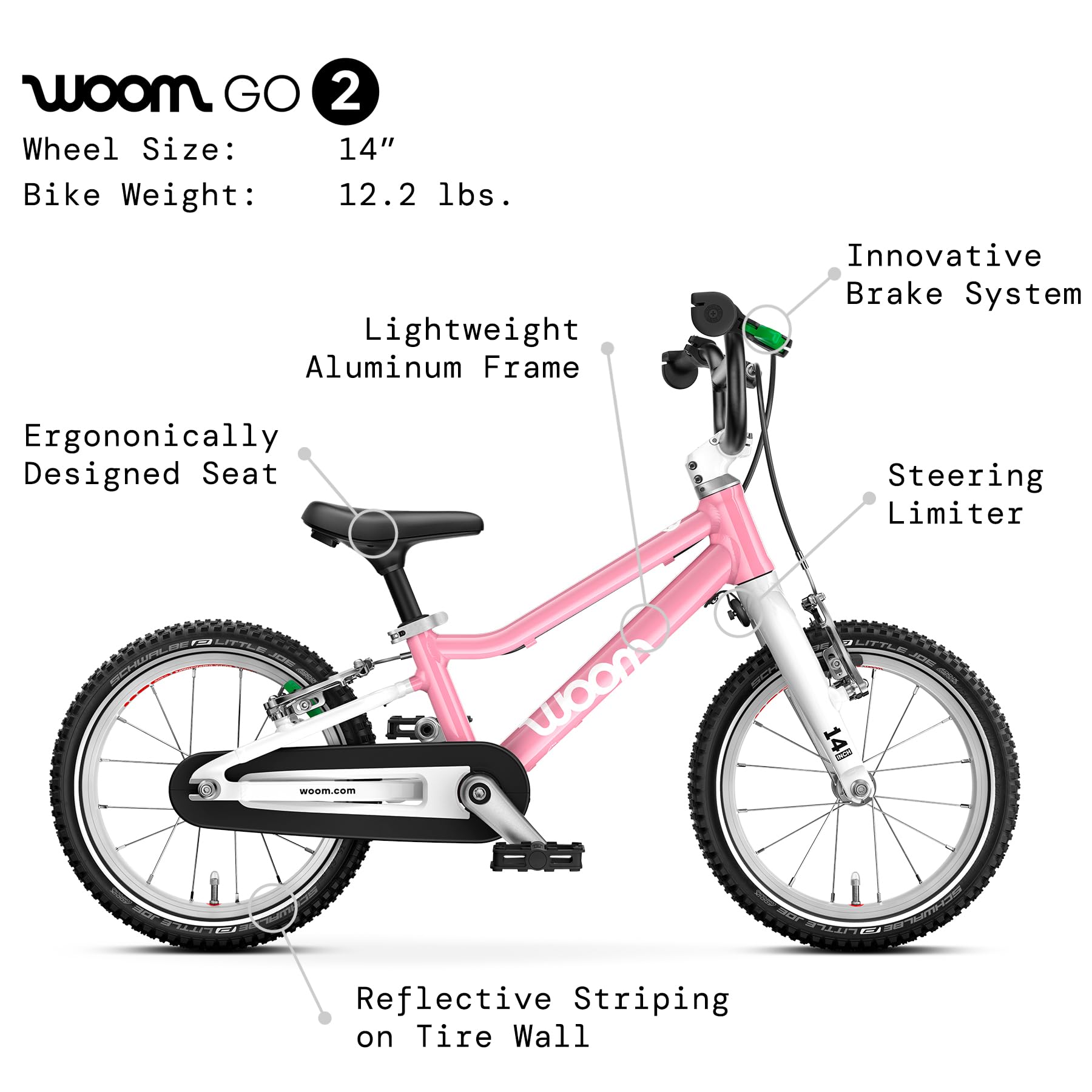 woom GO 2 Bicycle for Children 3 to 4.5 Years Old, 14-Inch Lightweight Bike with Handbrake, Steering Limiter & Chainguard for Boys & Girls - Powder Pink