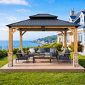 10' x 12' Wood Gazebo, Permanent Pavilion with Hardtop Galvanized Steel Double Roof, Cedar Gazebo with 4.72" Thickened Wooden Posts for Poolside, Patio, Backyard, Garden and Deck